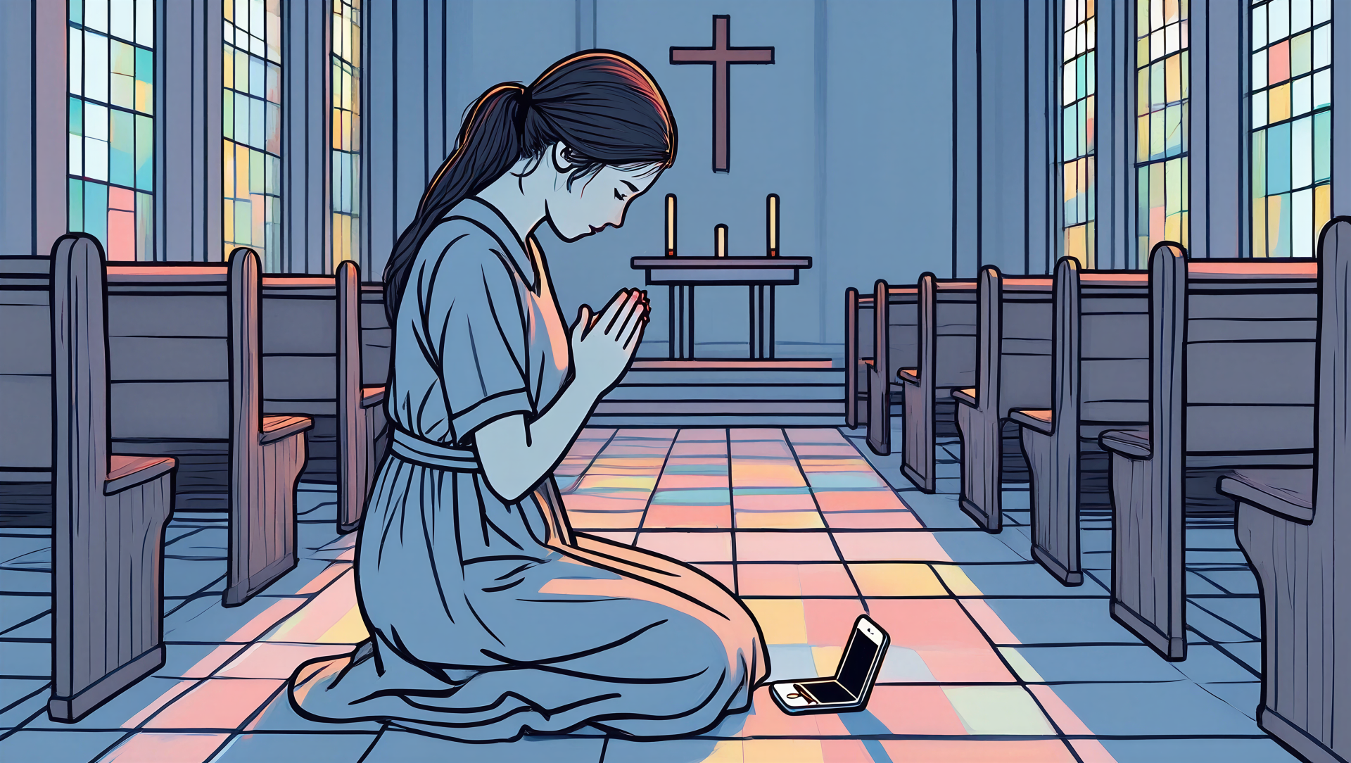 5K Ultra HD PC desktop wallpaper and background: stylized illustration of a woman kneeling in prayer inside a stained-glass church, hands clasped beside an open laptop on a tiled floor.