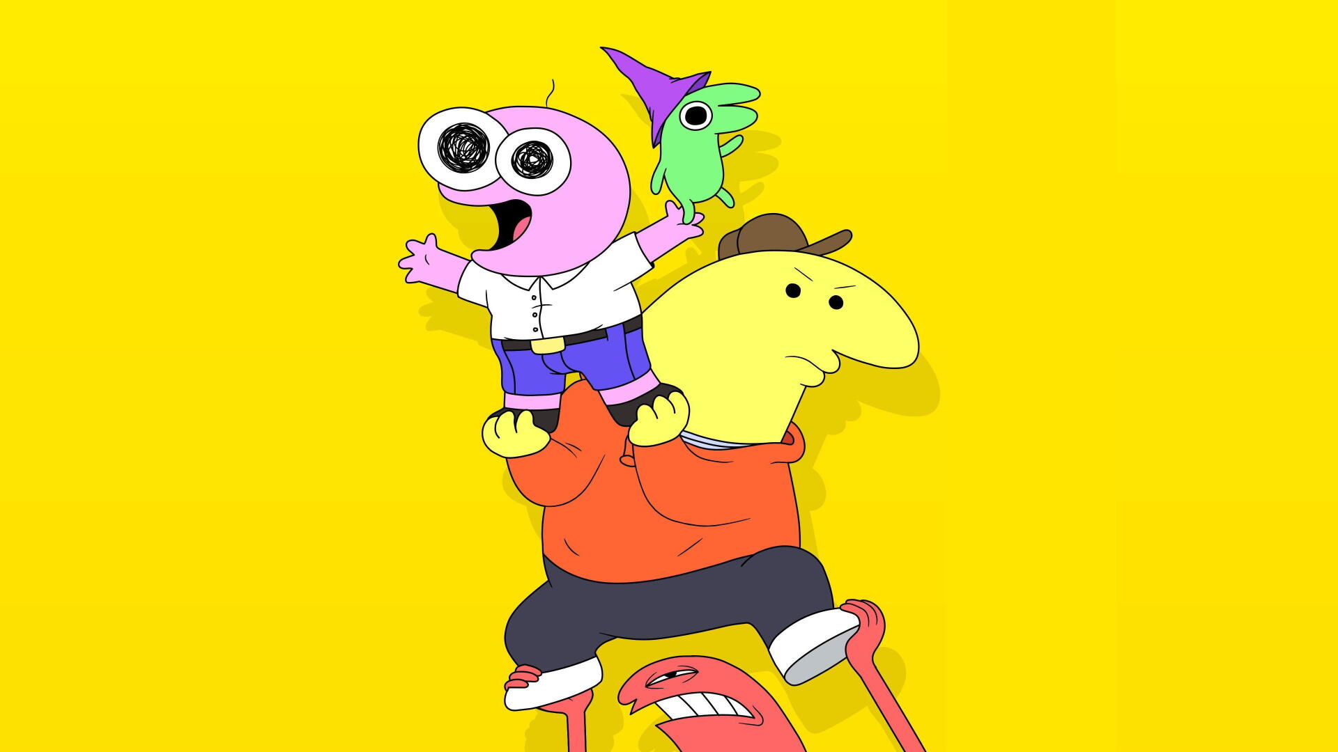 Smiling Friends 4K Ultra HD PC desktop wallpaper: cartoon trio stacked in a playful pose on a bold yellow background.
