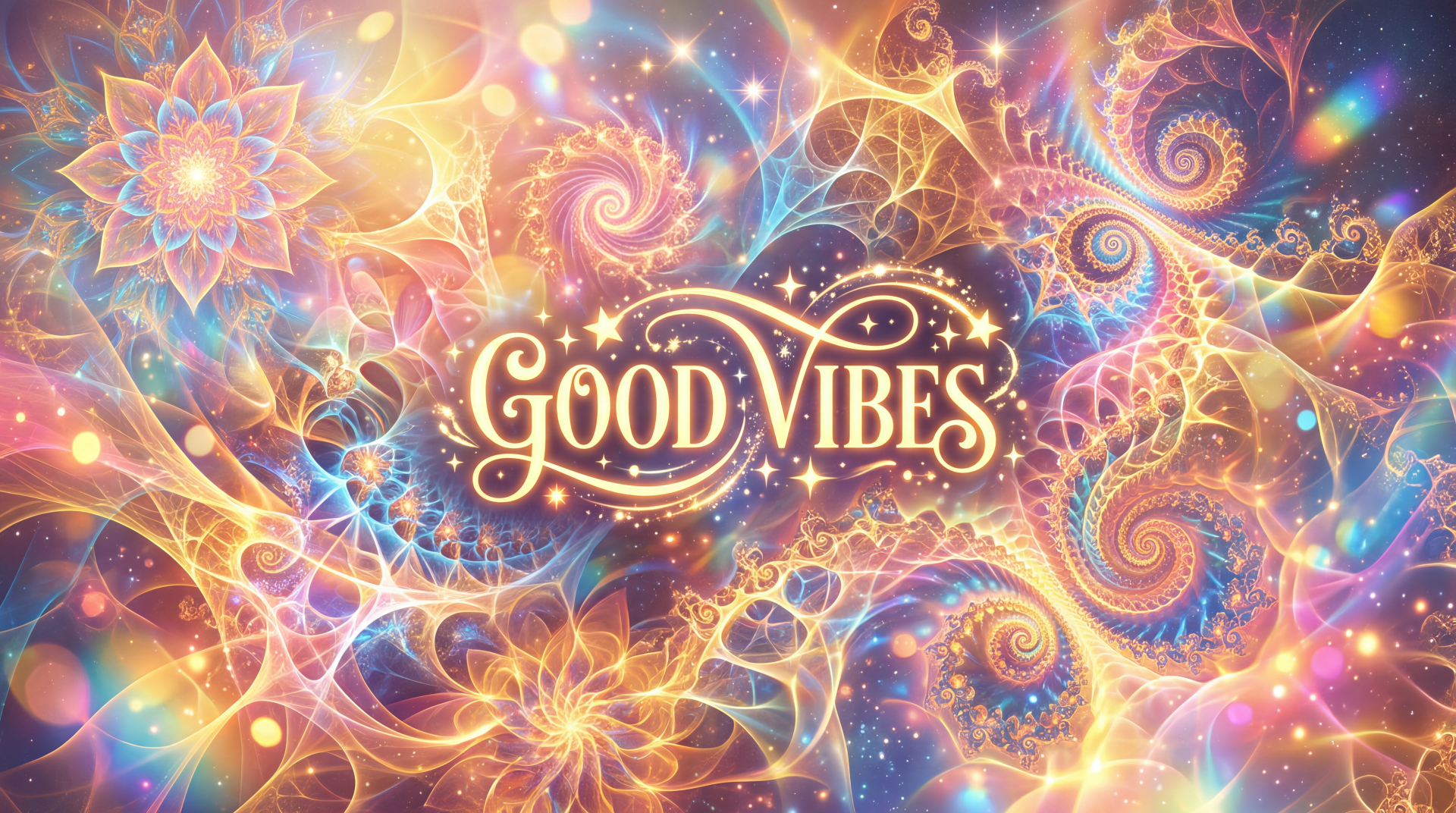 5K Ultra HD PC desktop wallpaper: colorful fractal floral swirls and glowing stars with GOOD VIBES script, radiating warm pastel light.