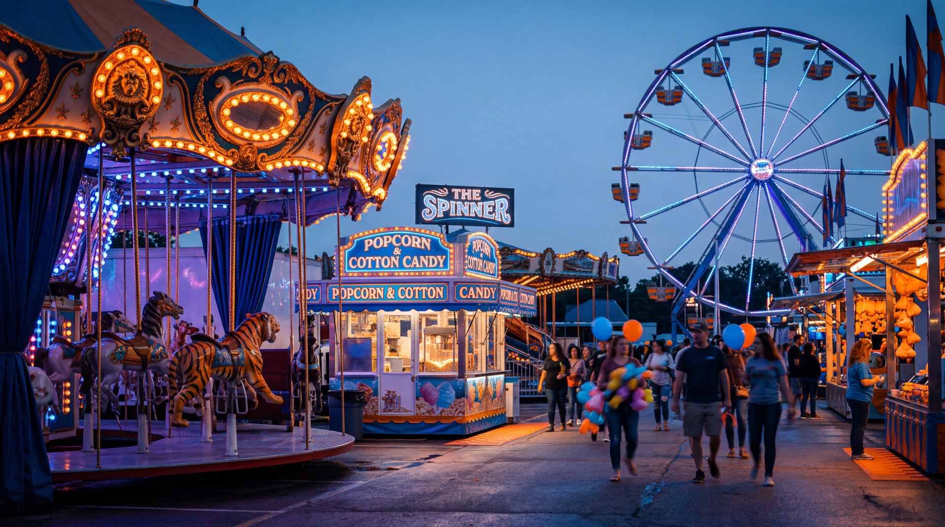 Dusk fair scene: glowing carousel, Ferris wheel, popcorn stand and families walking — 5K Ultra HD PC desktop wallpaper and background.