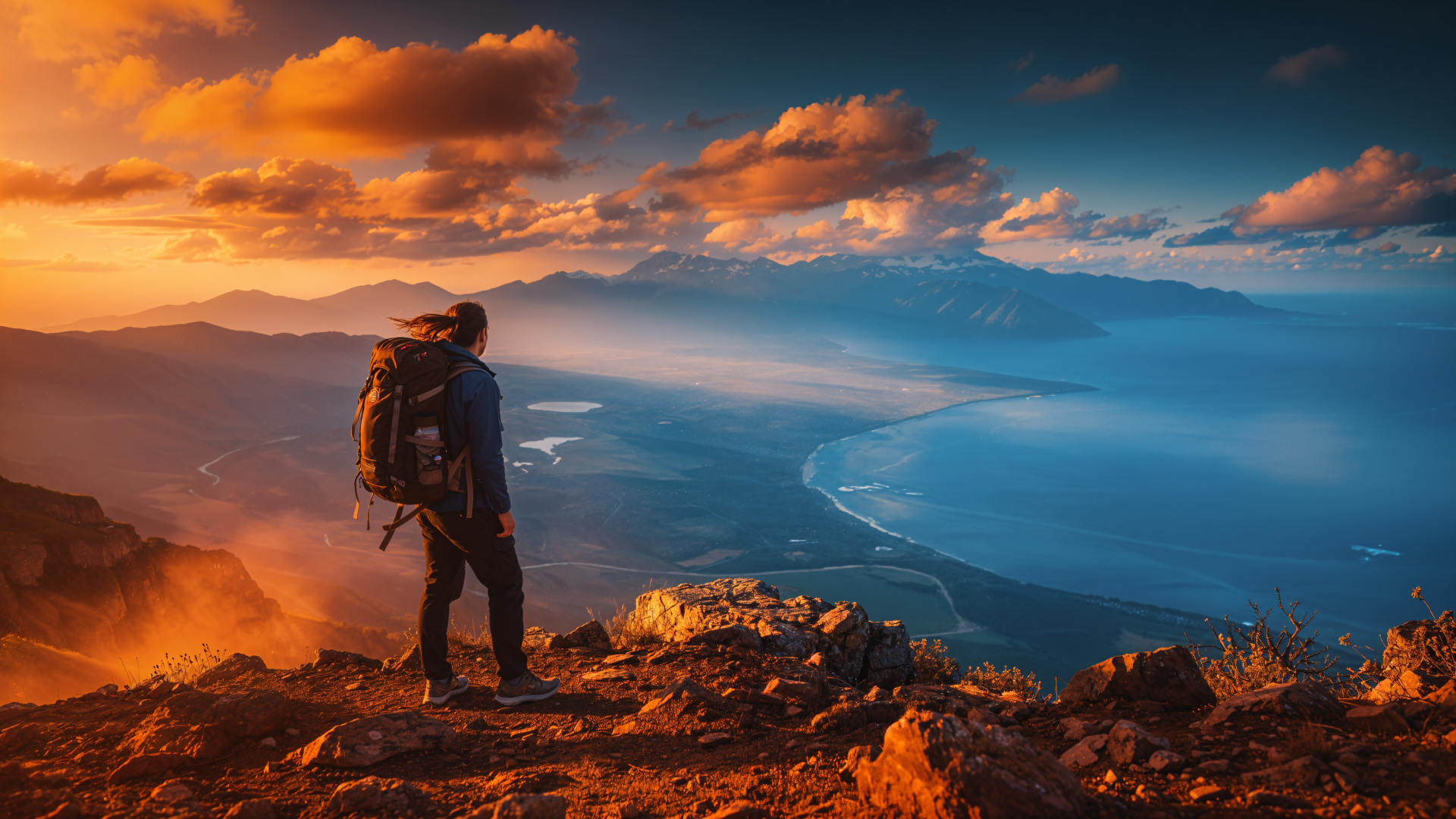 Wanderlust: hiker on a rocky summit at sunset overlooking a curving coastline and dramatic clouds — 4K Ultra HD PC desktop wallpaper/background