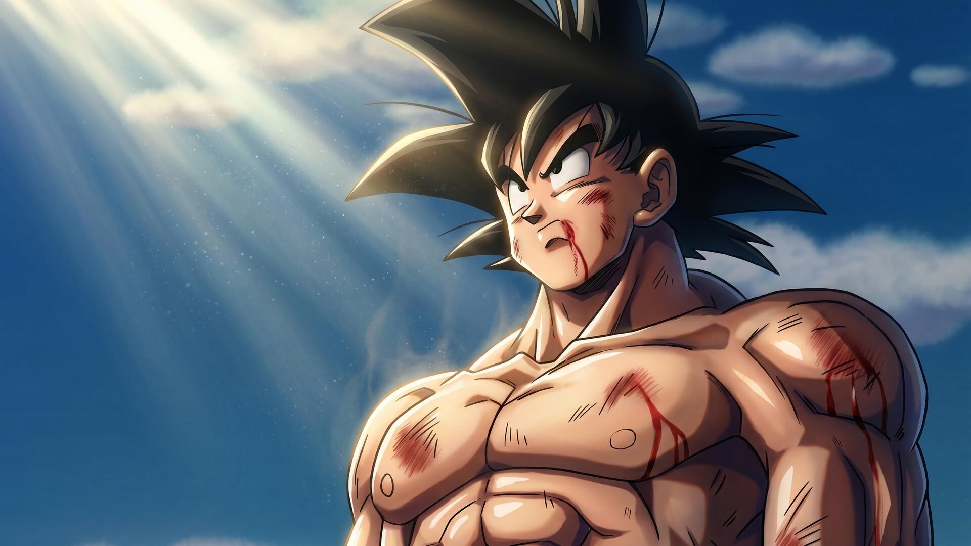 HD PC desktop wallpaper of Goku (Dragon Ball Z) — battle-scarred, muscular, staring into sunbeams over a dramatic anime sky.