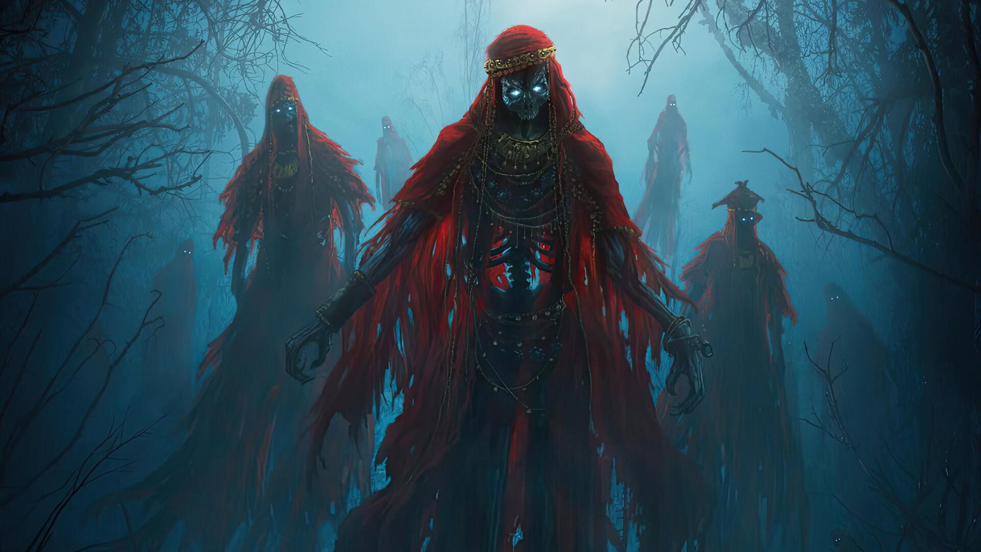 The Lord of the Rings: The Rings of Power 4K Ultra HD PC desktop wallpaper: three hooded, red-cloaked wraiths with glowing eyes looming through a misty blue forest.