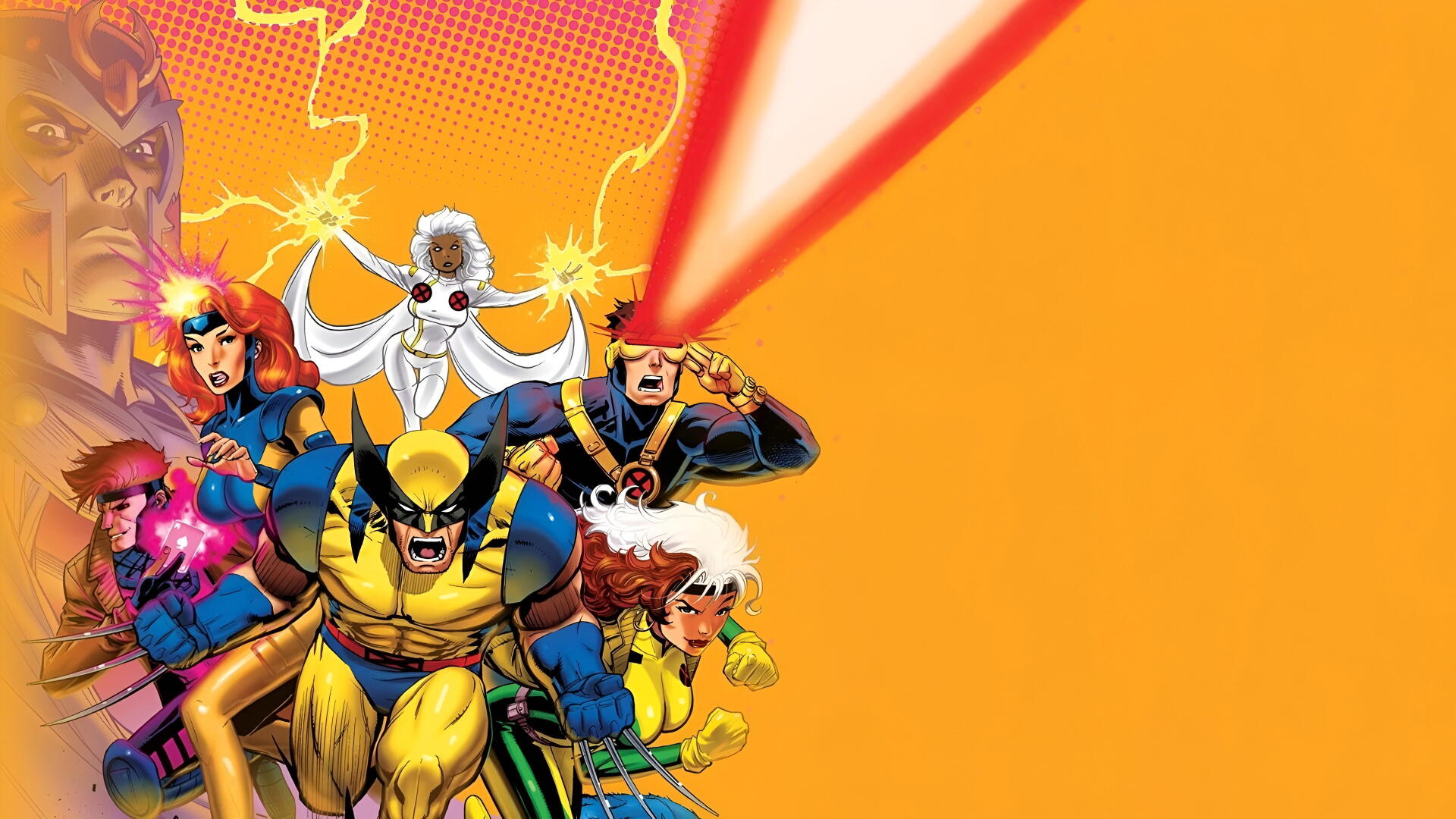 Vibrant X-Men 4K Ultra HD PC desktop wallpaper and background showing Wolverine charging front, Cyclops firing an optic blast, Storm, Rogue and teammates against a bold orange backdrop.