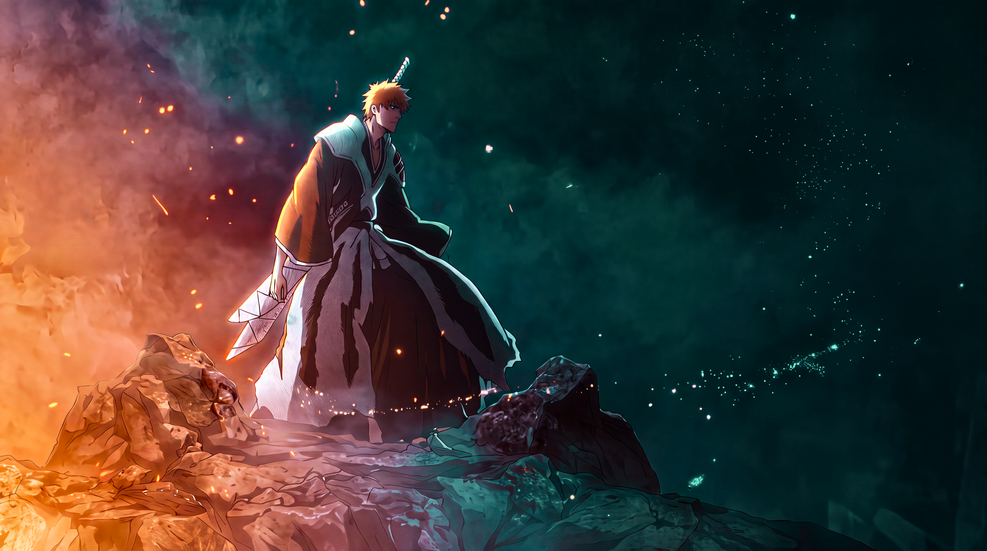Ichigo Kurosaki from Bleach: Thousand-Year Blood War stands on a rocky outcrop, sword drawn beneath a teal, star-speckled sky — 5K Ultra HD anime PC desktop wallpaper.