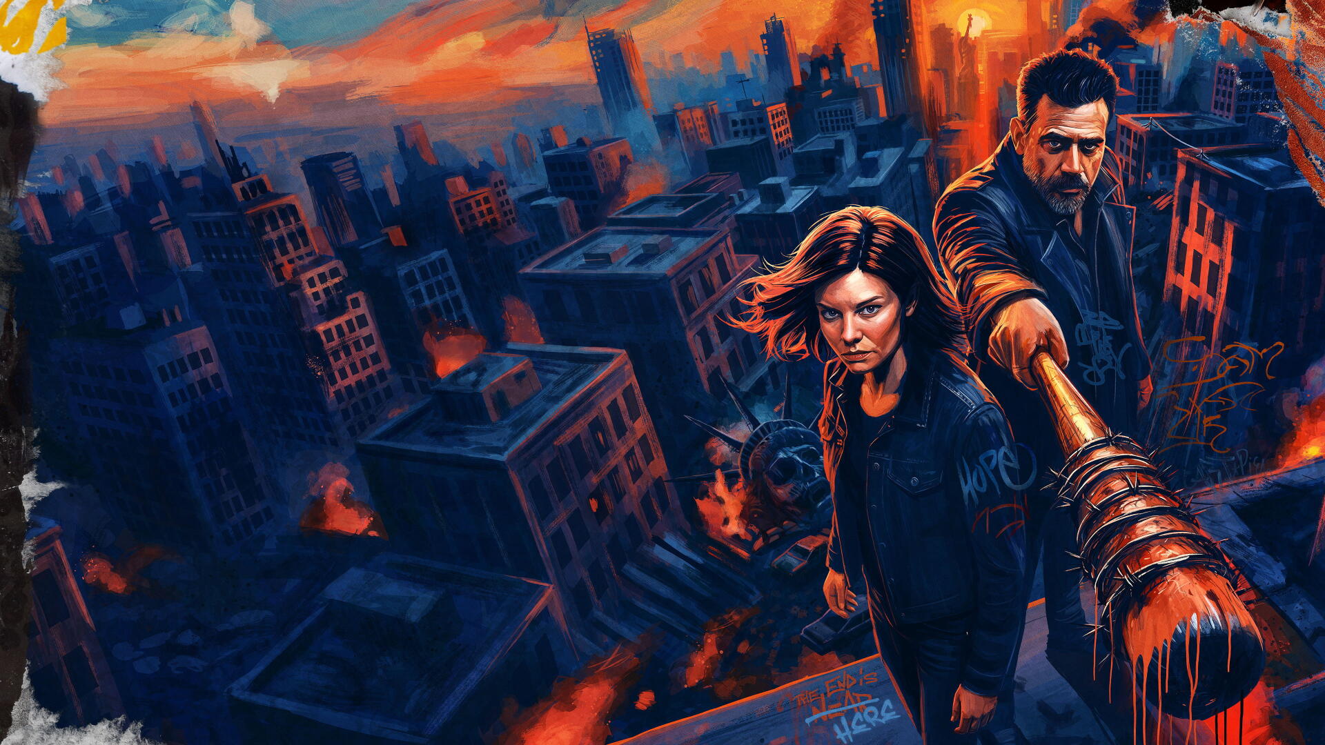 4K Ultra HD PC desktop wallpaper and background: The Walking Dead: Dead City — two hardened survivors on a rooftop survey a burning, crumbling city at dusk, one wielding a barbed weapon.