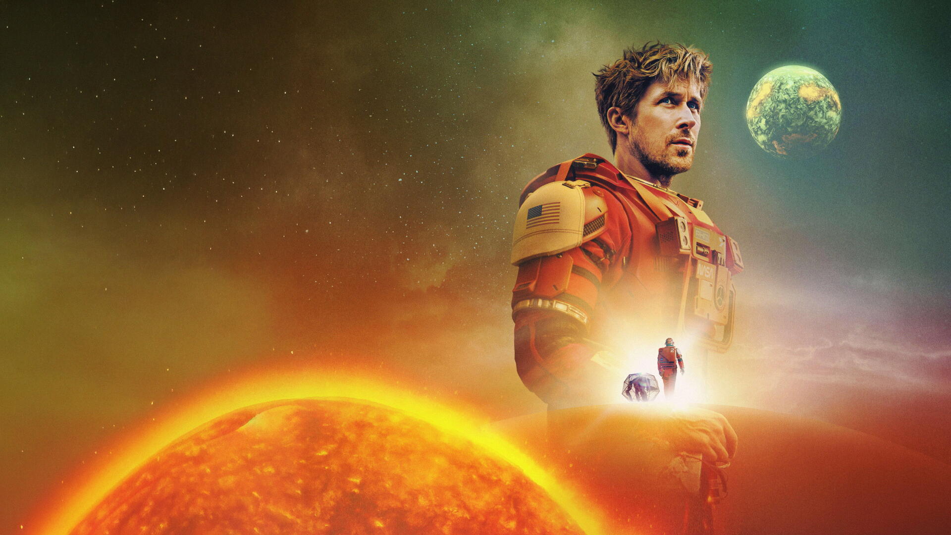 Project Hail Mary 4K Ultra HD PC wallpaper: astronaut in orange suit framed by a blazing star, a distant green planet and a small spacecraft in a hazy cosmic sky.
