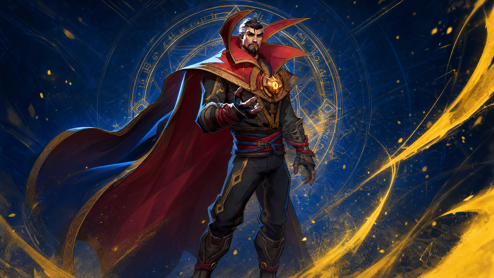 Marvel Rivals 4K Ultra HD PC wallpaper: Doctor Strange in a crimson cloak conjuring golden arcane swirls before a glowing mystic circle on a cosmic blue background.