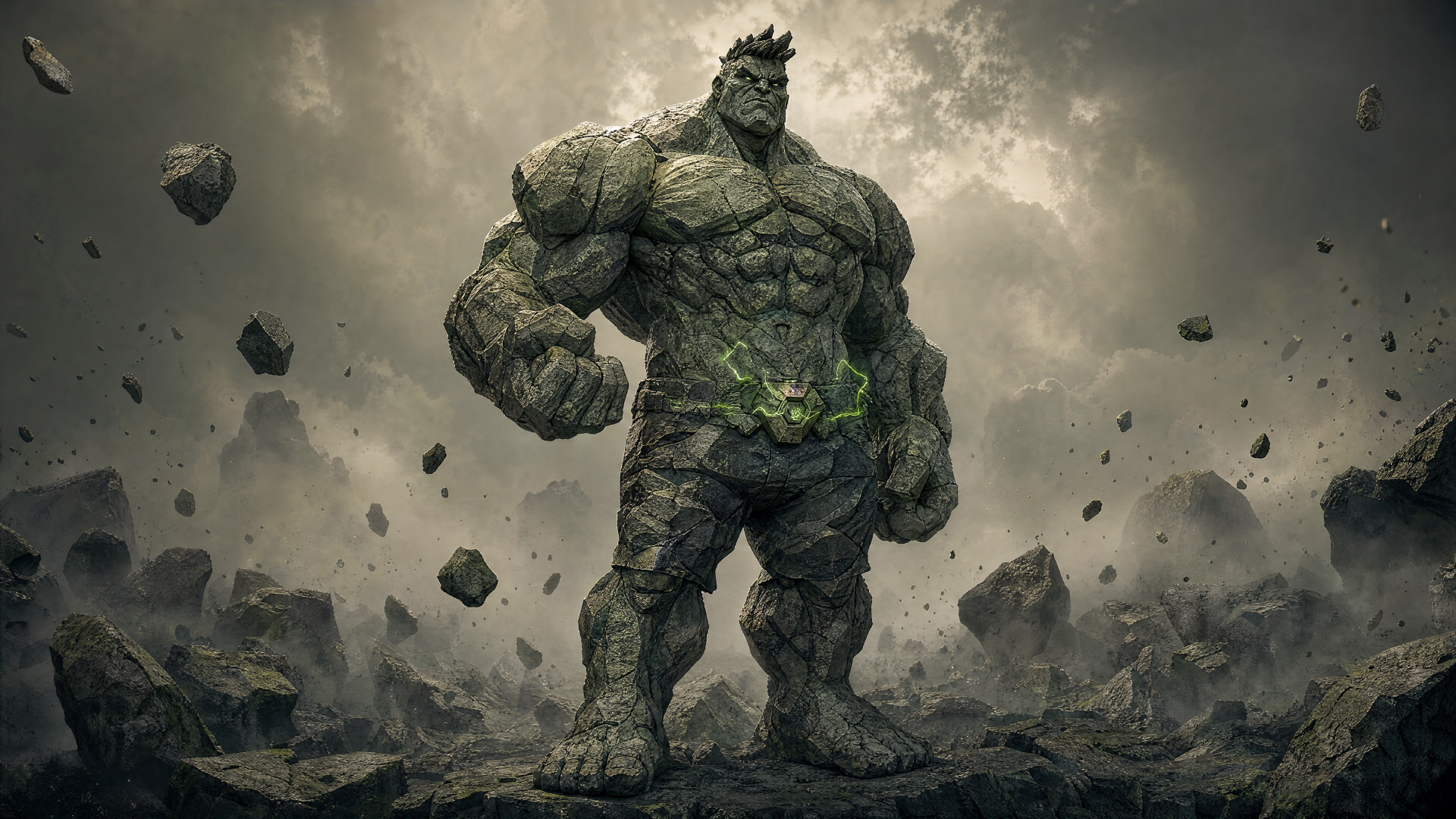 Marvel Rivals 4K Ultra HD PC desktop wallpaper: towering stone-clad, Hulk-like titan stands amid floating rubble under a stormy sky with dramatic cinematic lighting.