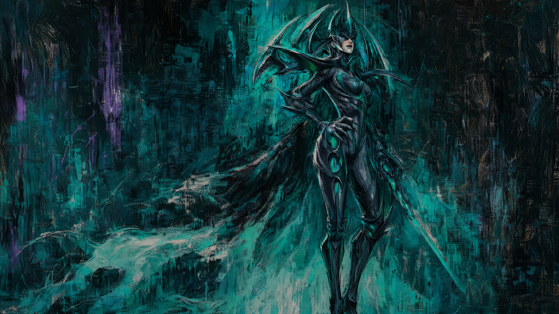 Marvel Rivals 4K Ultra HD PC desktop wallpaper: towering armored figure in teal-black, energy blades and flowing mist against a dark, textured abstract background.