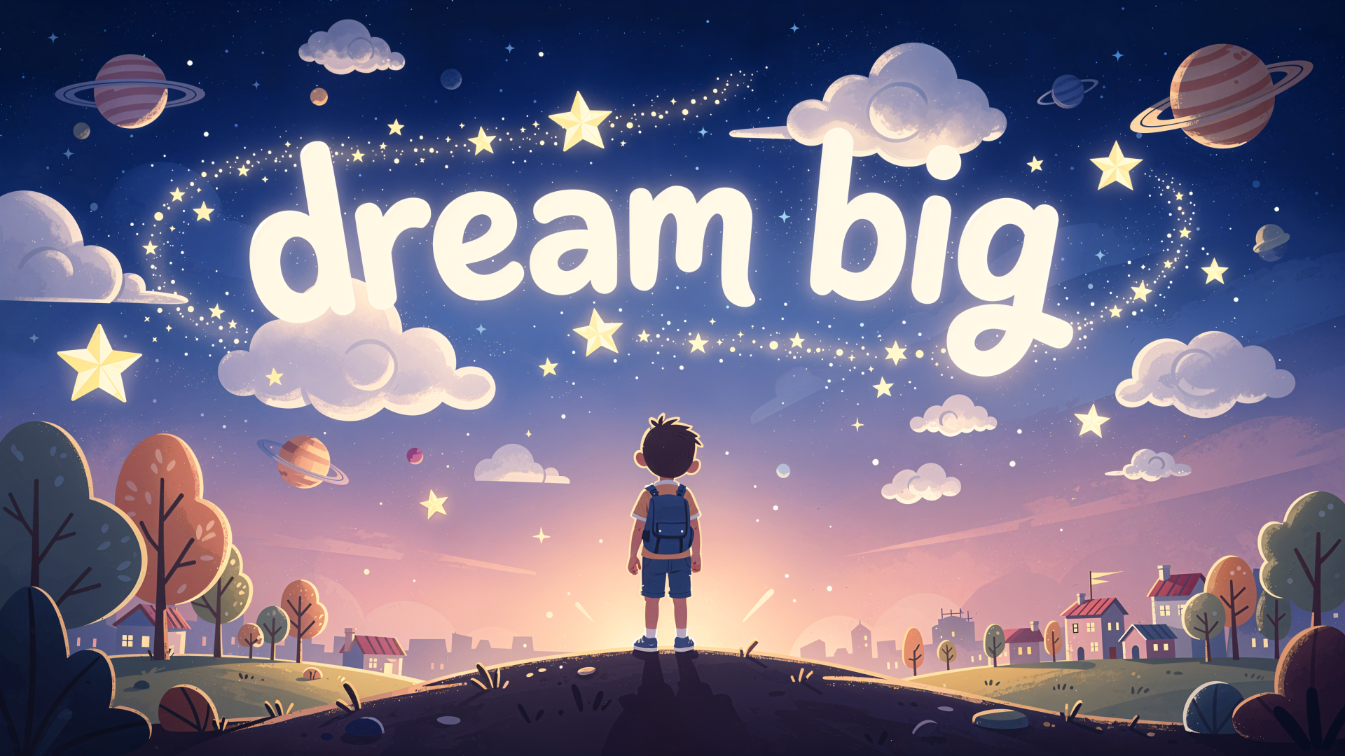 4K Ultra HD PC desktop wallpaper and background: child on a hill at dusk gazing at a starry sky with clouds, planets and glowing dream big text above a small town.