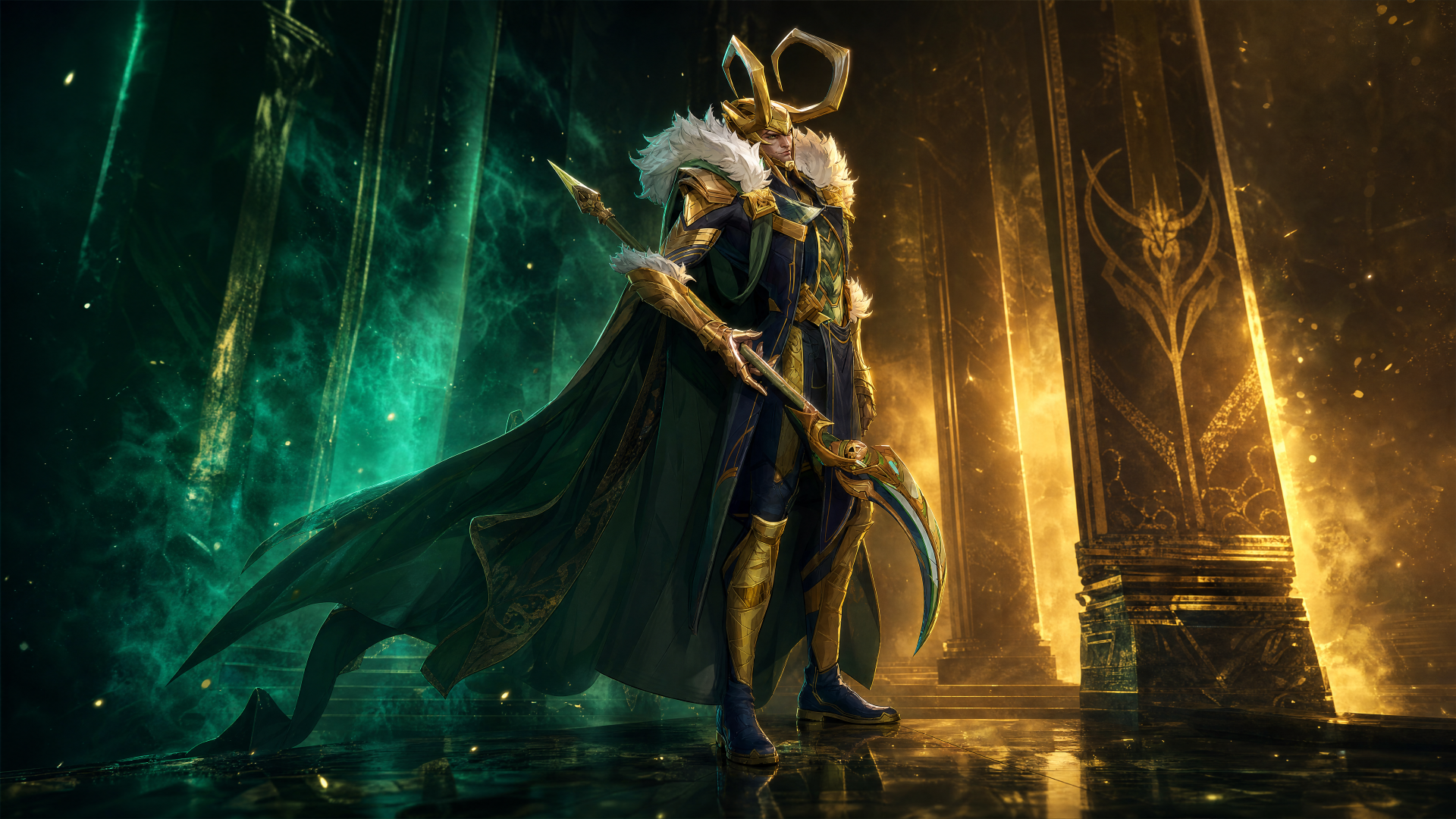 Marvel Rivals video game 4K Ultra HD PC desktop wallpaper: horned armored figure in green and gold cape wielding a curved blade in a glowing teal-and-gold hall.