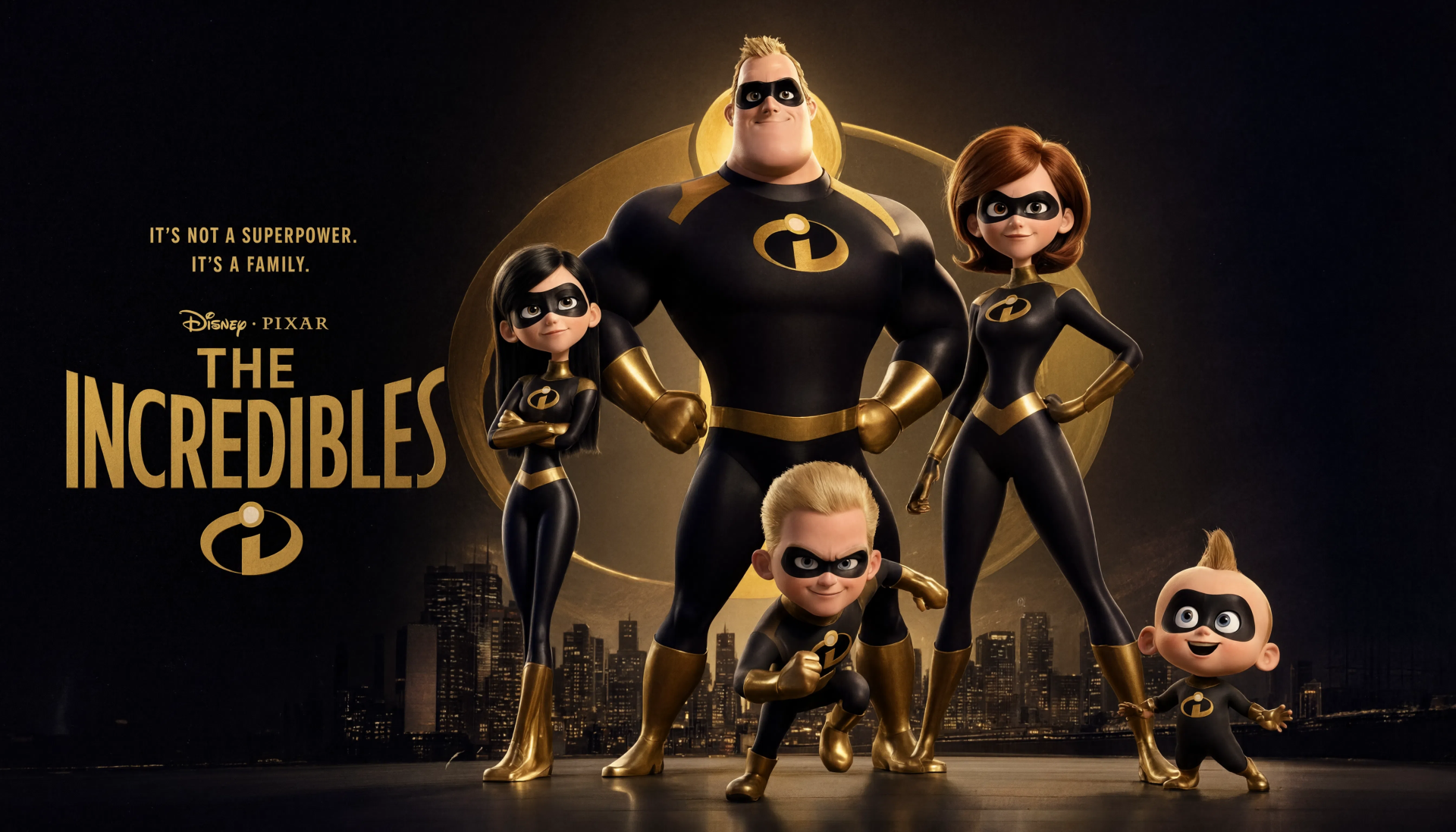 The Incredibles family in black-and-gold superhero suits striking heroic poses before a nighttime city skyline — 5K Ultra HD PC desktop wallpaper/background.