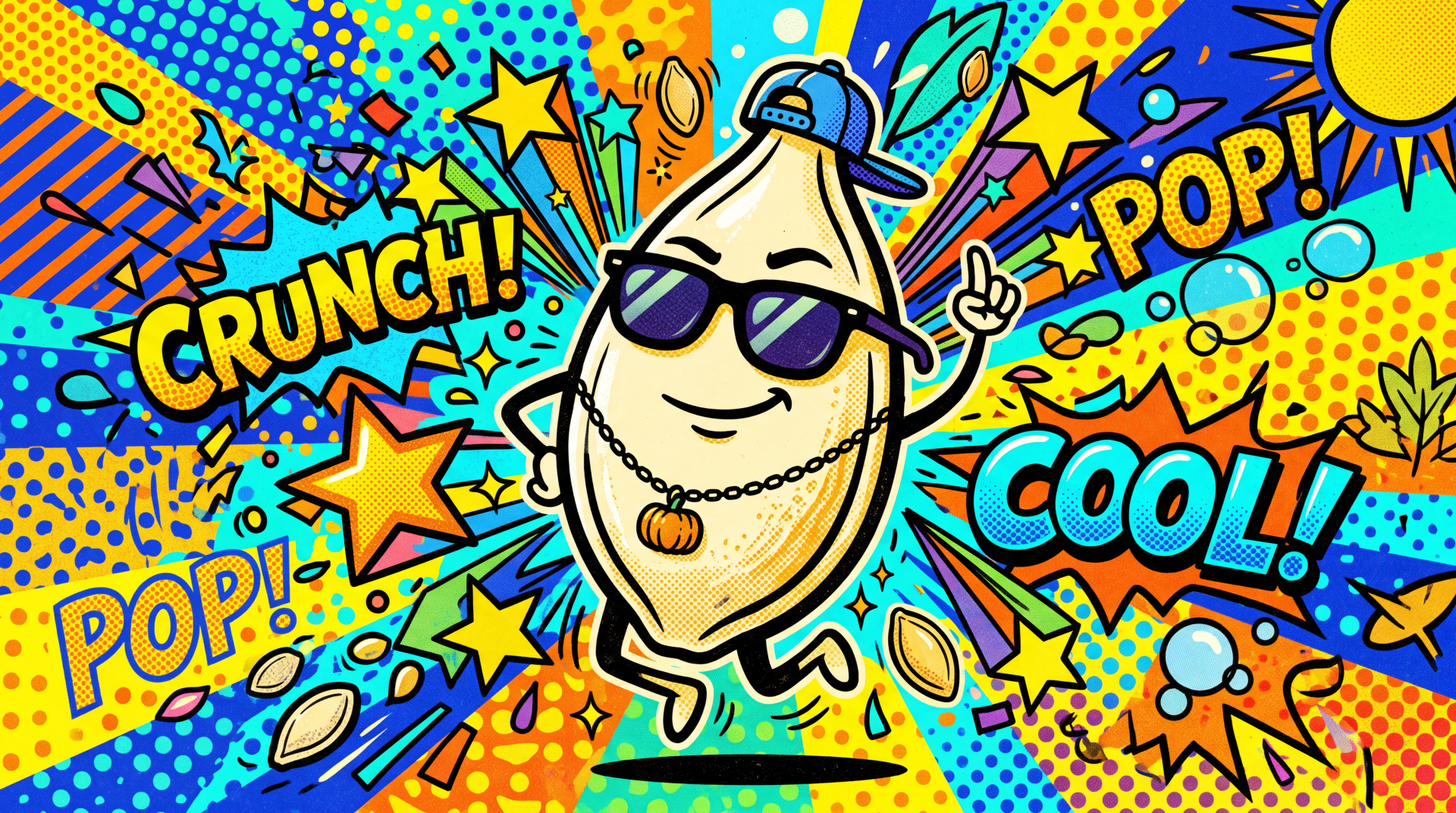 Vibrant pop-art 5K Ultra HD PC desktop wallpaper and background of a cool cartoon pumpkin seed wearing sunglasses and a chain amid comic-style stars, bursts and CRUNCH! POP! text.