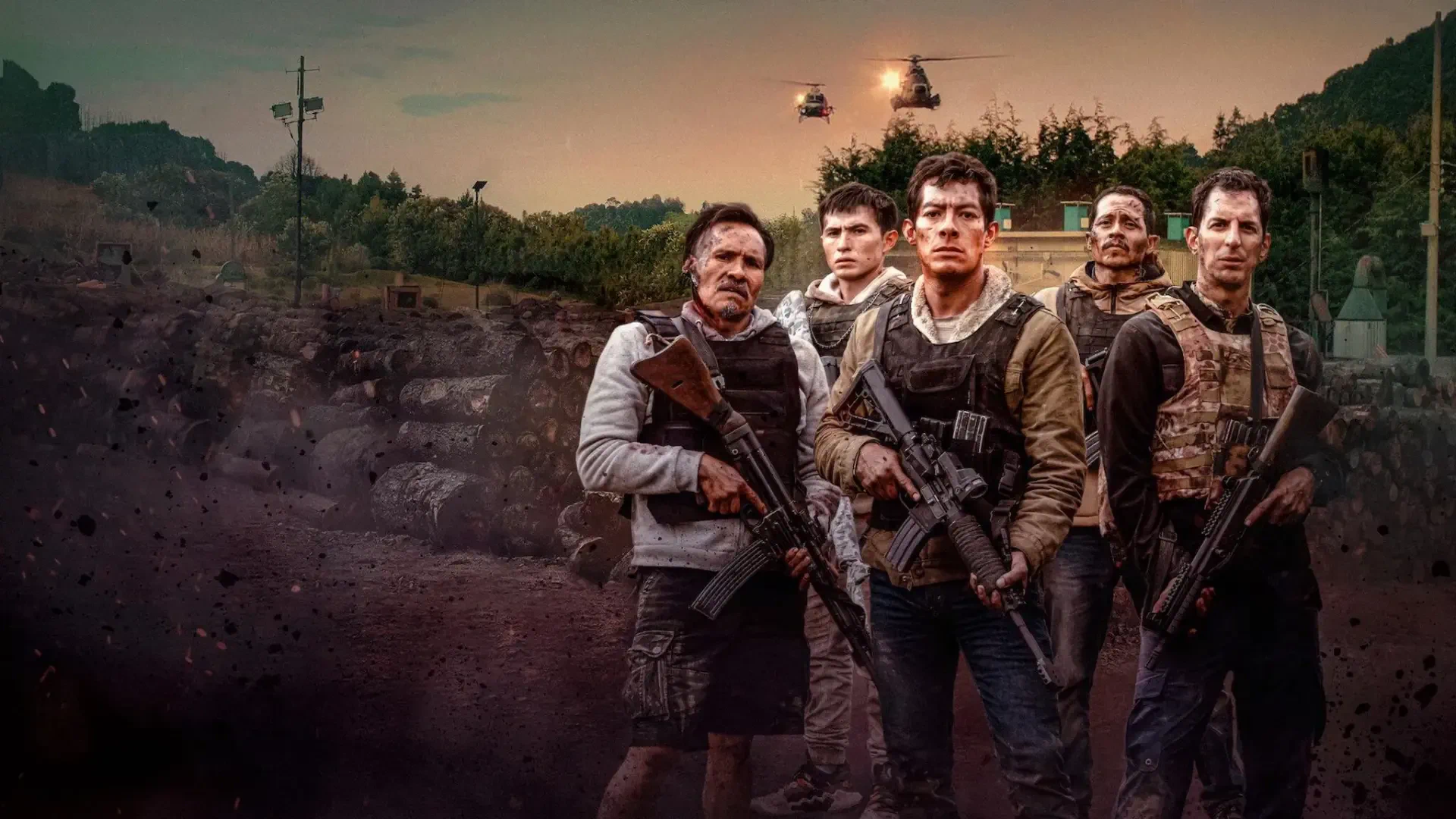 Counterstrike (2025) HD PC desktop wallpaper: five armed tactical operatives stand in a muddy battlefield at dusk, with helicopters hovering overhead and distant treeline.