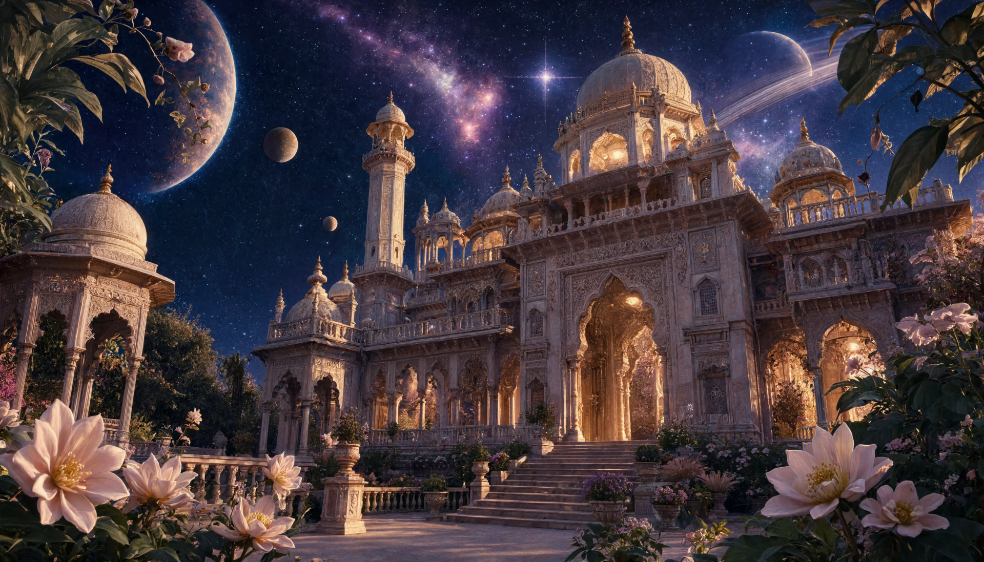 5K Ultra HD PC desktop wallpaper and background of an ornate colonial architecture palace at night beneath a starry, planet-filled sky, glowing archways and lush gardens.