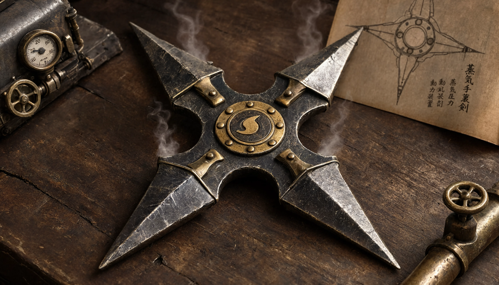 Steampunk-style metal shuriken with a brass center on a worn wooden table, parchment sketch and clockwork pieces nearby — 5K Ultra HD PC Desktop Wallpaper and Background