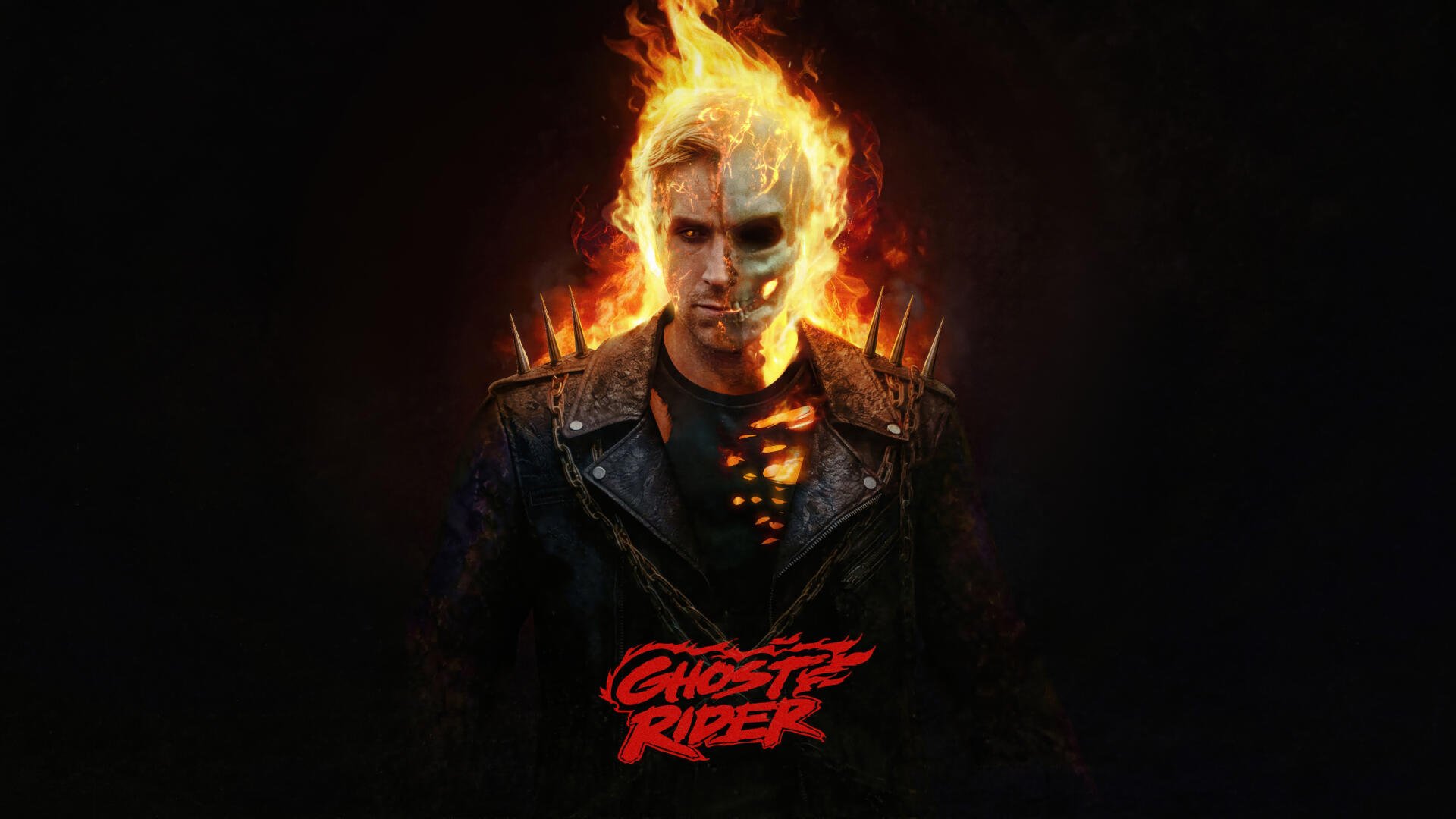 Ghost Rider (2028) 5K Ultra HD PC desktop wallpaper — flaming-skulled rider in a scorched leather jacket, fire and embers against a dark background with a red Ghost Rider logo.