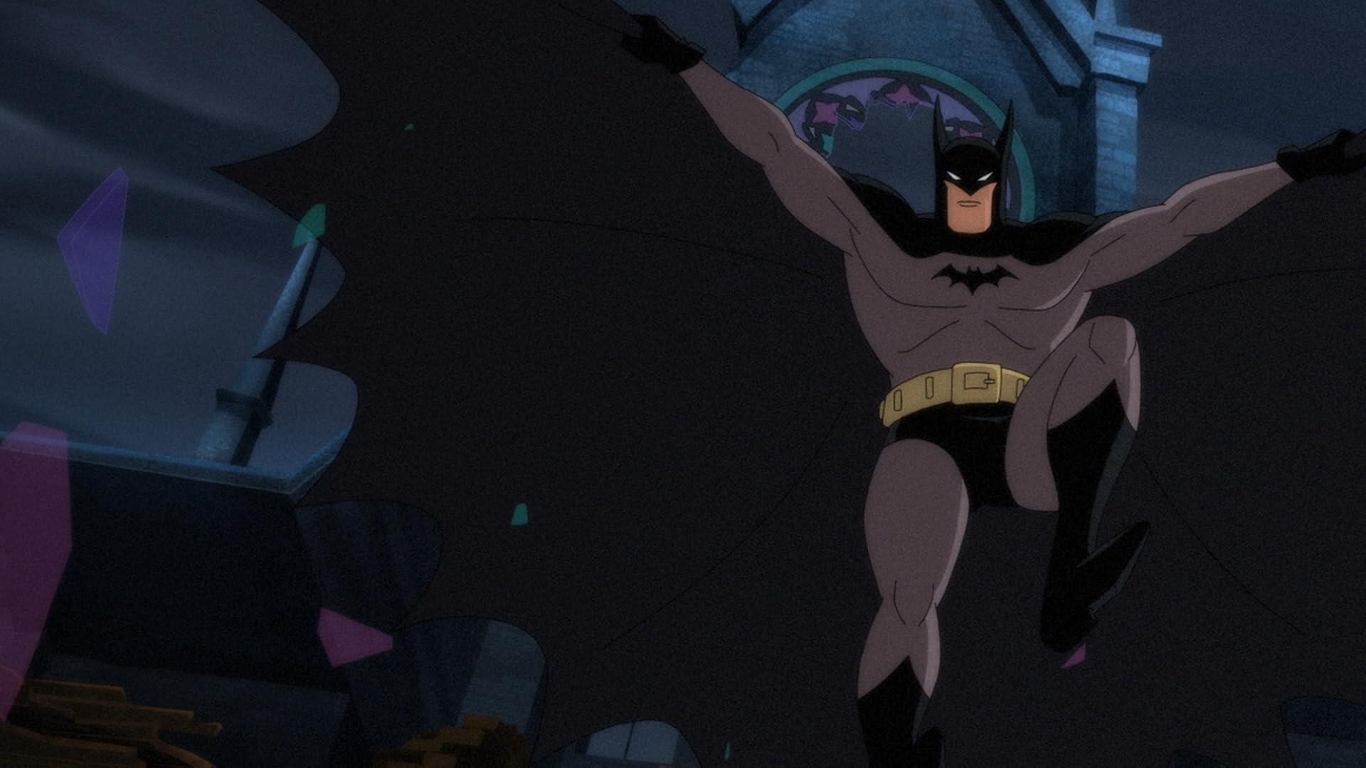 HD PC desktop wallpaper of Batman: Caped Crusader TV show, animated Batman leaping with cape spread against a dark Gotham backdrop.
