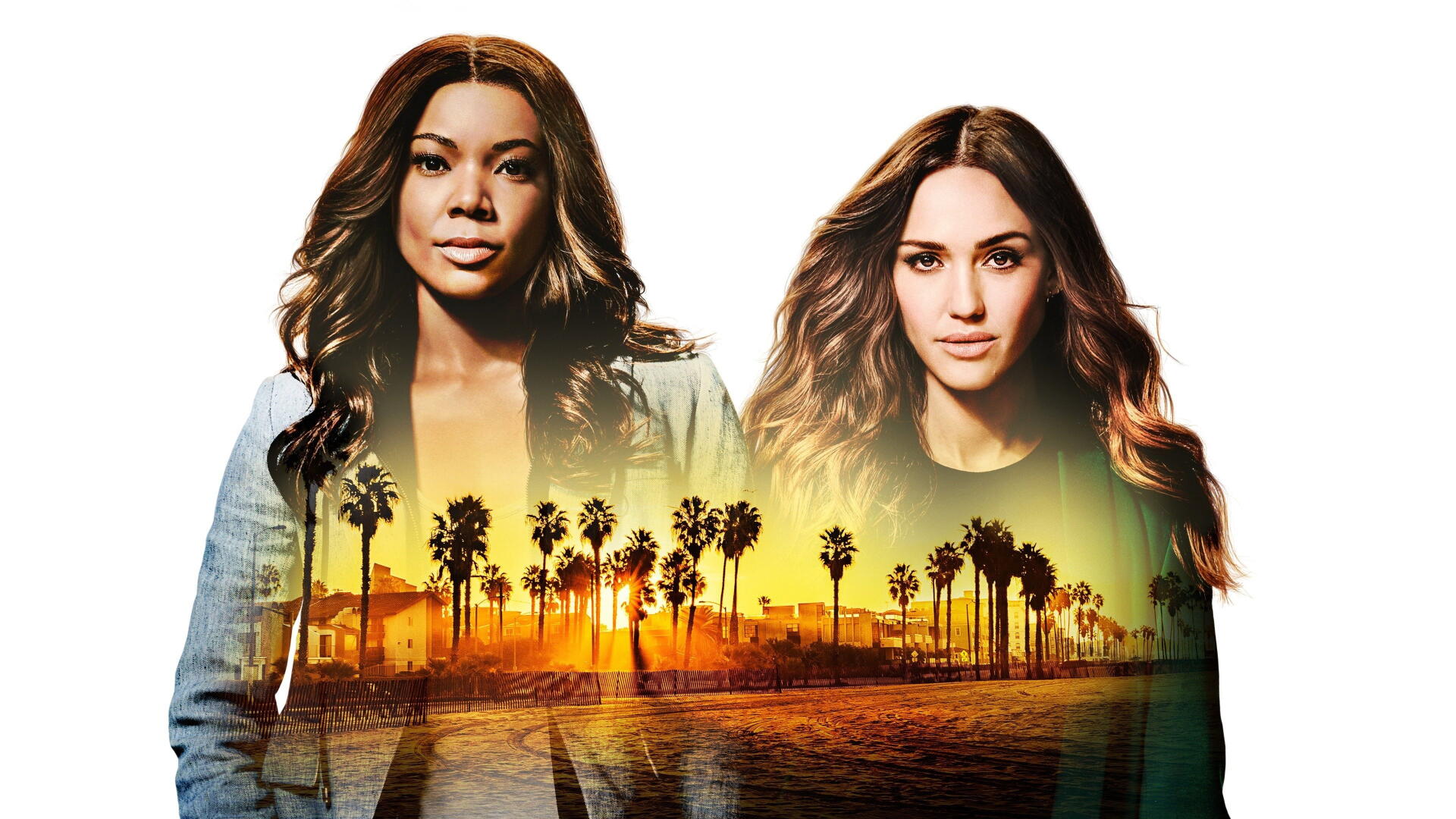 L.A.'S Finest 4K Ultra HD PC desktop wallpaper: two female detectives portrait blended with a golden Los Angeles palm-tree sunset over the beach skyline.