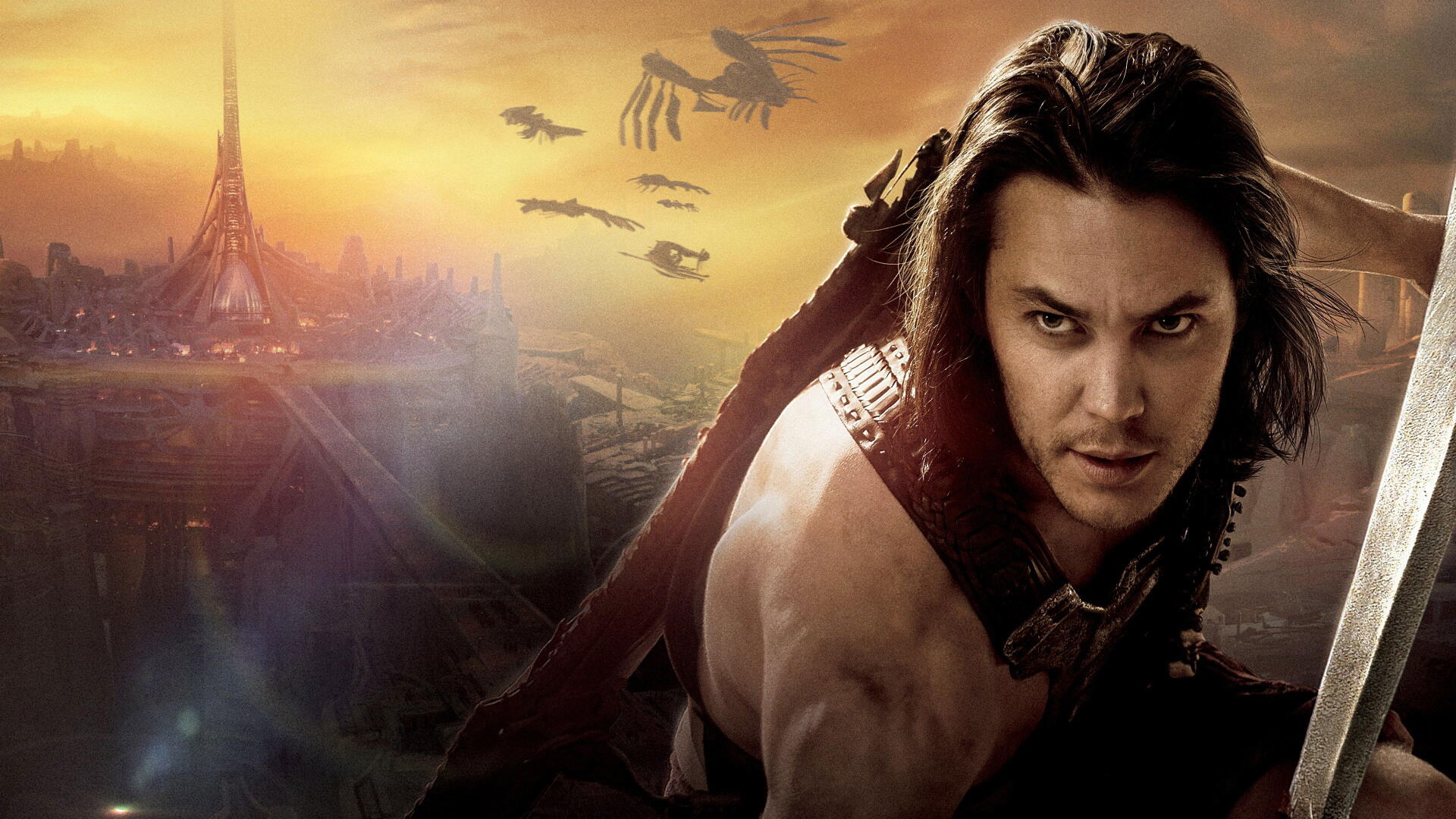4K Ultra HD PC desktop wallpaper and background of John Carter - a determined warrior crouched with a blade before an alien city skyline and flying ships at sunset.