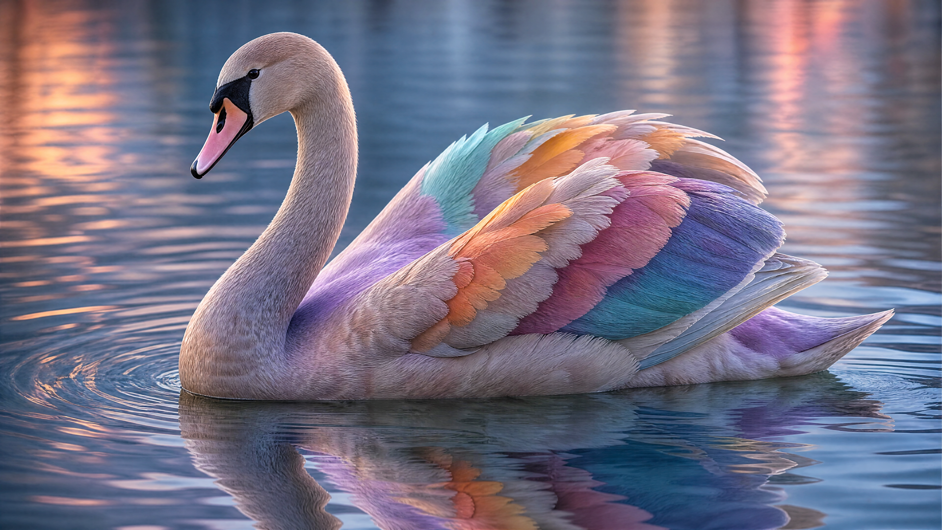 Mute swan with pastel rainbow wings gliding on calm reflective water — 4K Ultra HD PC desktop wallpaper background.