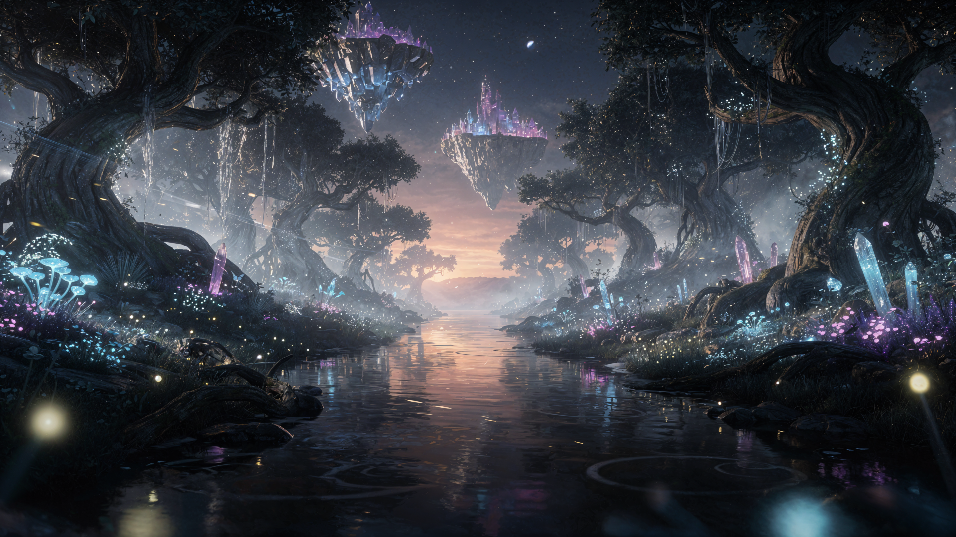 4K Ultra HD PC desktop wallpaper: a twilight magical realm with floating crystalline islands, bioluminescent trees and a glowing river reflecting a pastel sky.