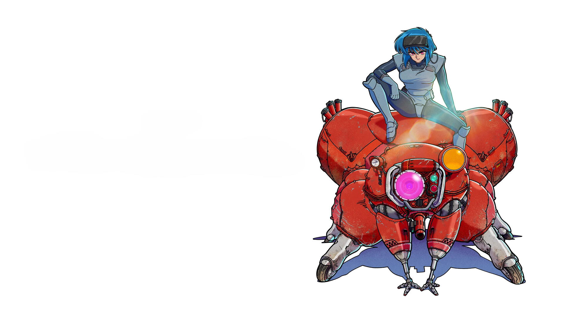 The Ghost in the Shell 2026, Ghost in the Shell 4K Ultra HD PC desktop wallpaper: blue-haired cyborg perched on a red, spider-like mecha against a white background.