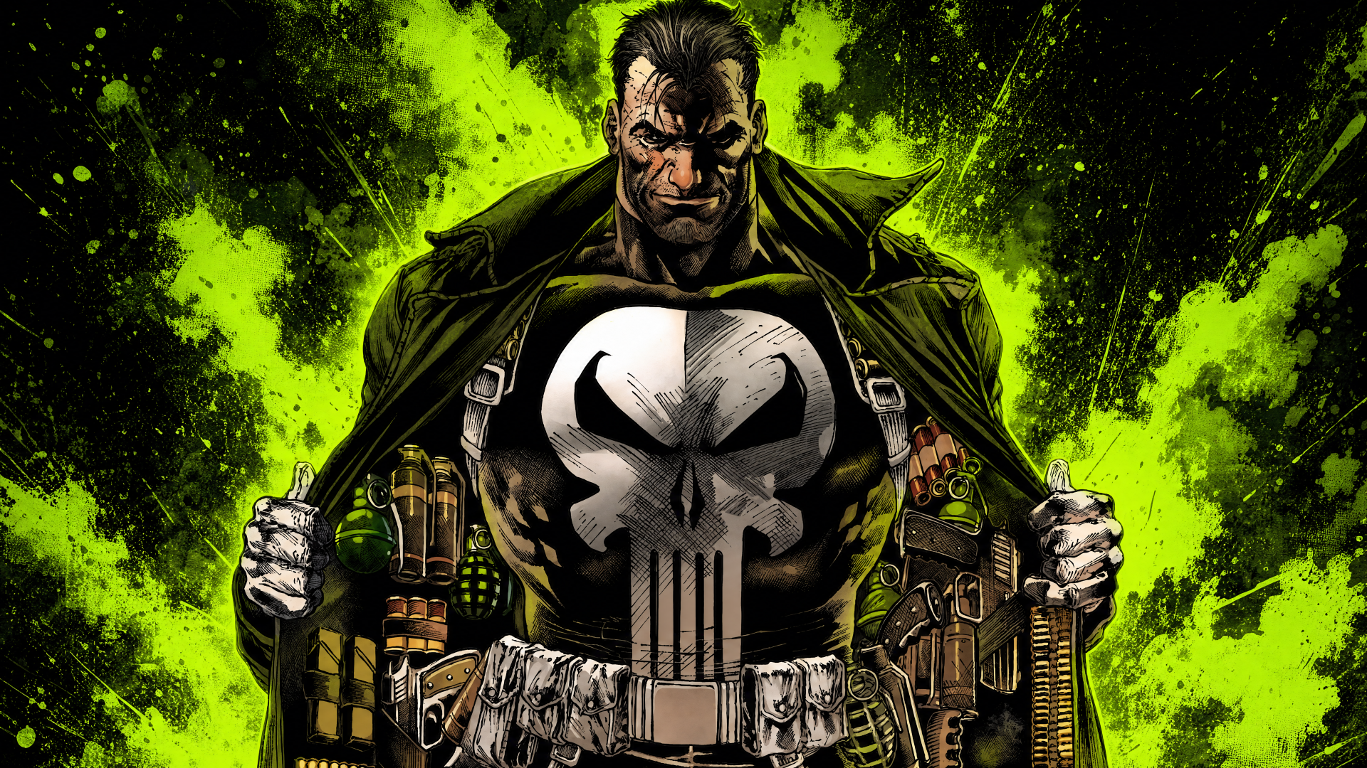 Punisher in tactical gear opening his coat to reveal the skull emblem against neon green smoke — 4K Ultra HD PC desktop wallpaper and background