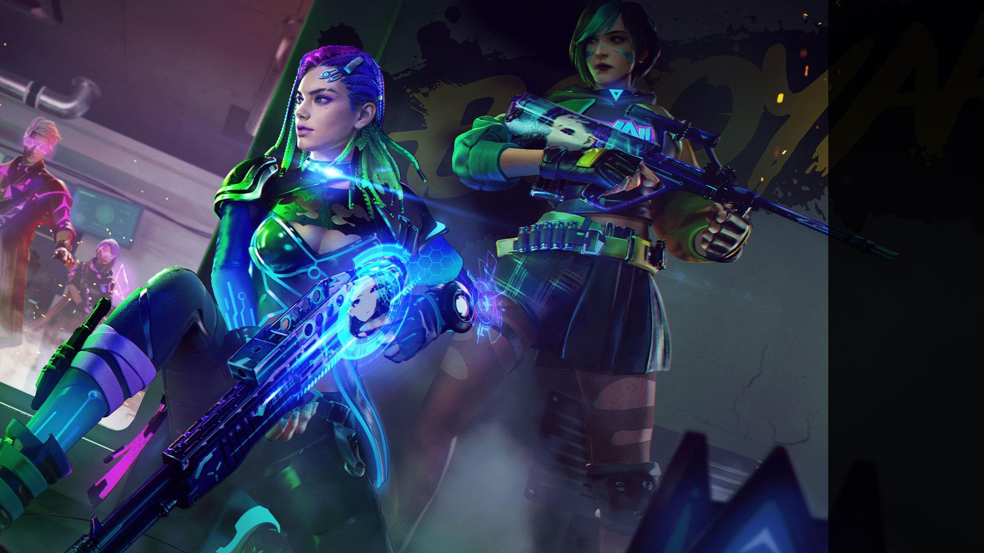 HD PC desktop wallpaper/background for the video game Garena Free Fire: two neon-clad female combatants wield glowing energy weapons in a moody, futuristic combat scene.
