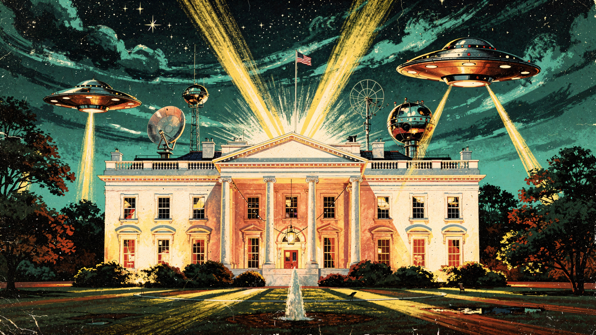 4K Ultra HD PC desktop wallpaper background: The White House at night beneath a glowing green sky as multiple UFOs hover and beam light, alien crafts circling the building.