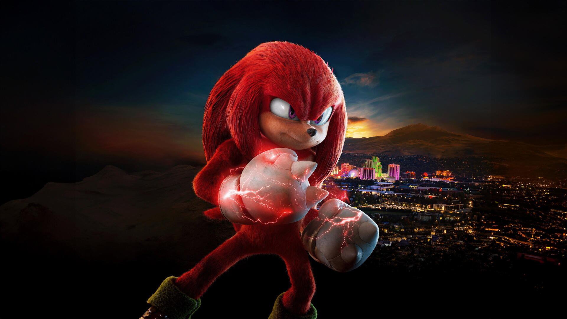 Knuckles (2024) snarling with crackling, glowing fists above a neon-lit city at dusk — 4K Ultra HD PC desktop wallpaper and background.