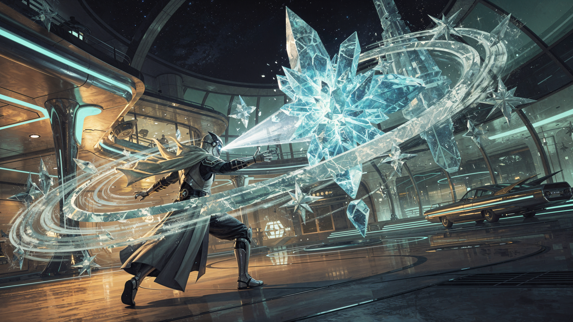 4K Ultra HD PC desktop wallpaper: a warrior casts a swirling ice spell, conjuring a massive crystal shard of magic in a futuristic hall.