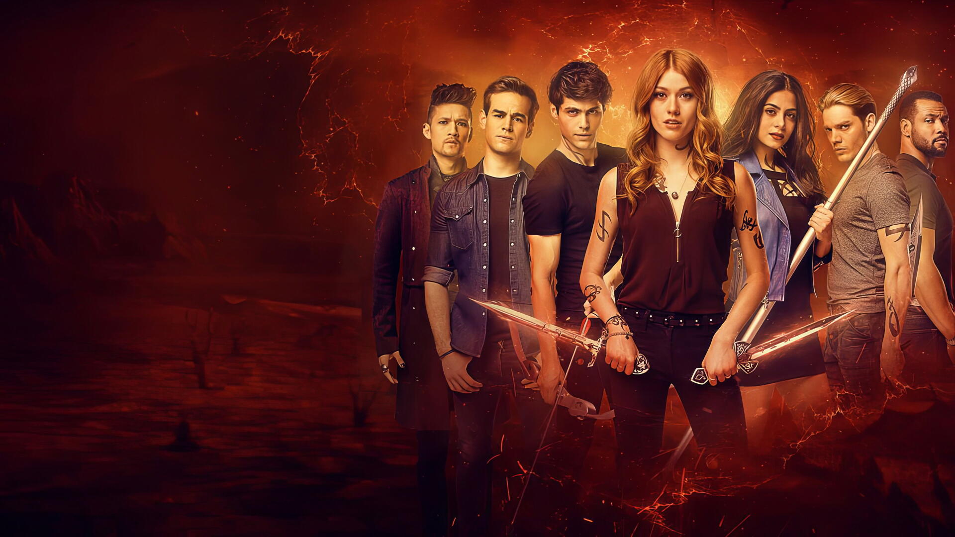 Shadowhunters characters posed against a fiery red-orange backdrop, six armed figures with runes and glowing effects — 4K Ultra HD PC desktop wallpaper and background.