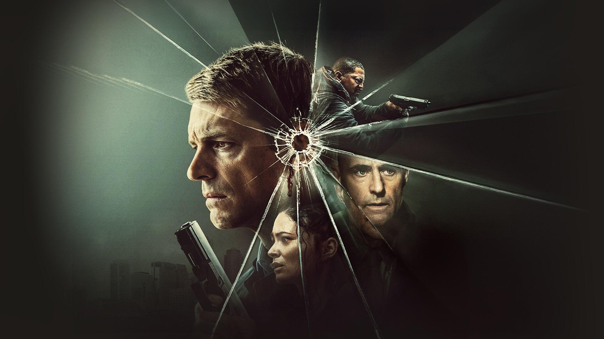 The Silent Hour — 4K Ultra HD PC desktop wallpaper: four tense profiles and pistols seen through bullet-riddled, spiderwebbed glass against a moody green background.