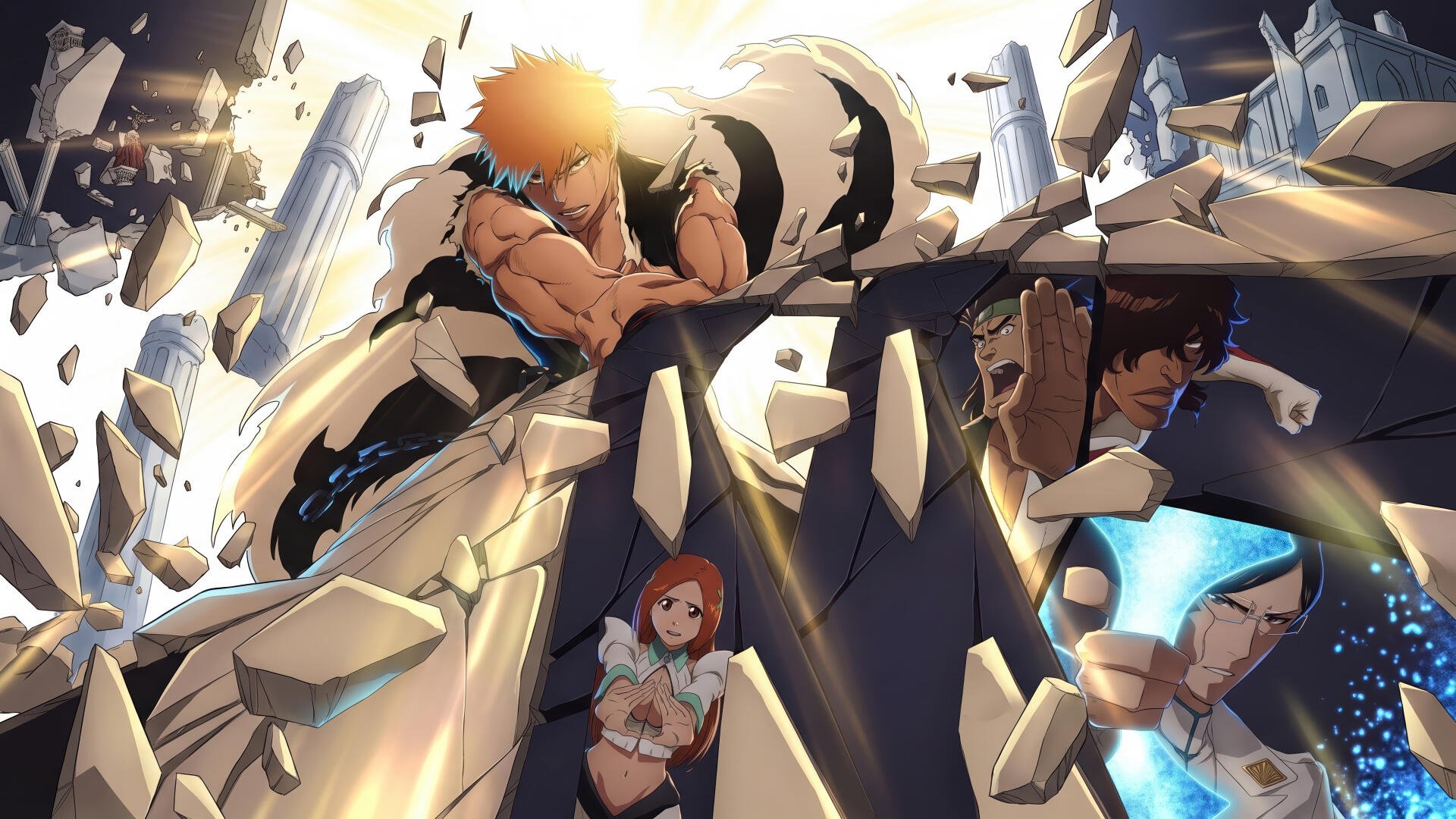 Bleach: Thousand-Year Blood War 4K Ultra HD PC desktop wallpaper and background — Ichigo and allies in a dynamic battle pose amid shattered stone pillars and radiant light.