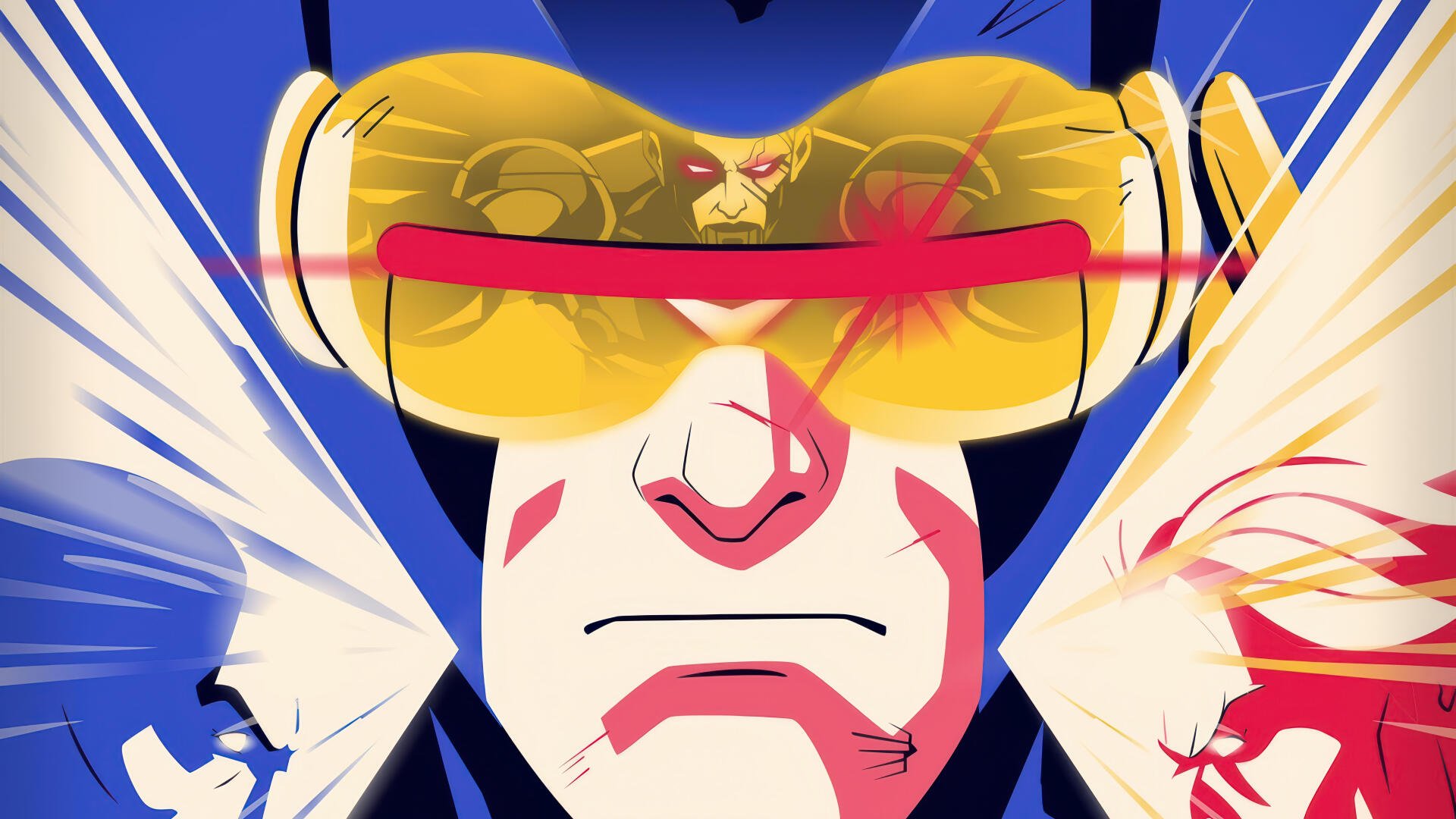Close-up stylized Cyclops with glowing visor beams, flanked by two X-Men silhouettes in blue and gold — X-Men '97 4K Ultra HD PC desktop wallpaper/background