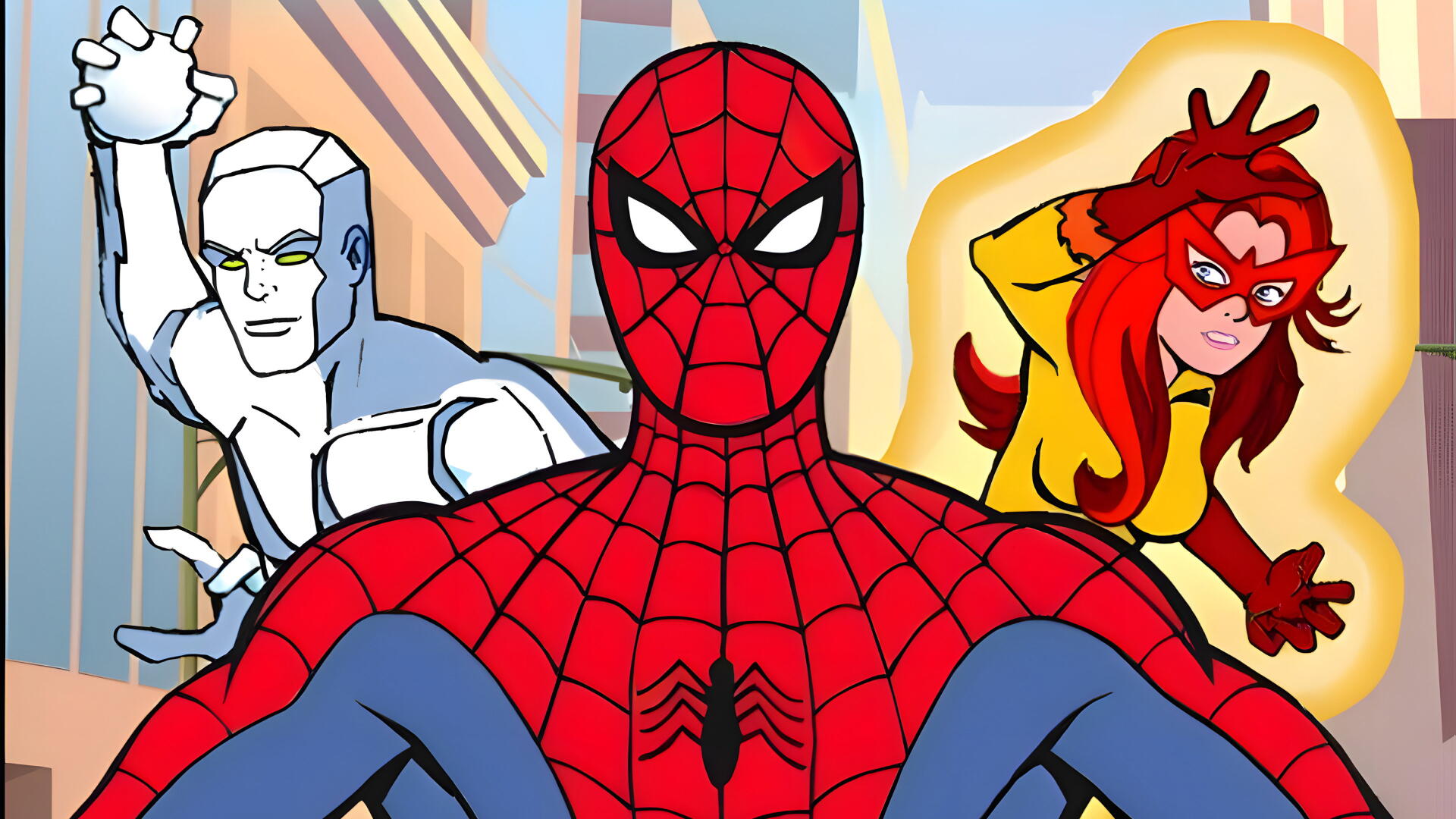 Spider-Man flanked by Iceman (left) and Firestar (right) in a vibrant comic-city scene — Spider-Man and His Amazing Friends 4K Ultra HD PC desktop wallpaper