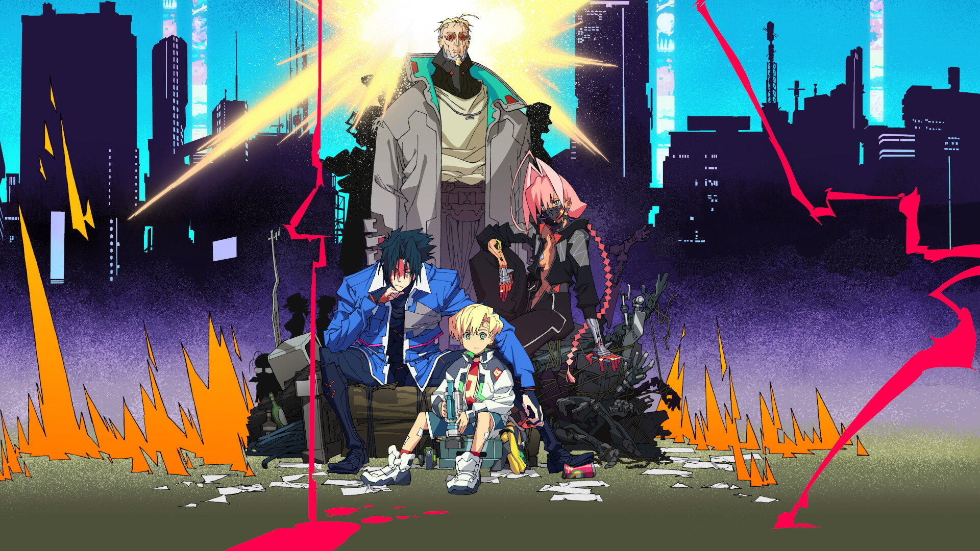 Cyberpunk: Edgerunners 2 HD PC desktop wallpaper/background showing a ragtag group of characters posed before a neon-lit futuristic city, glowing circuitry and fiery accents framing the scene.