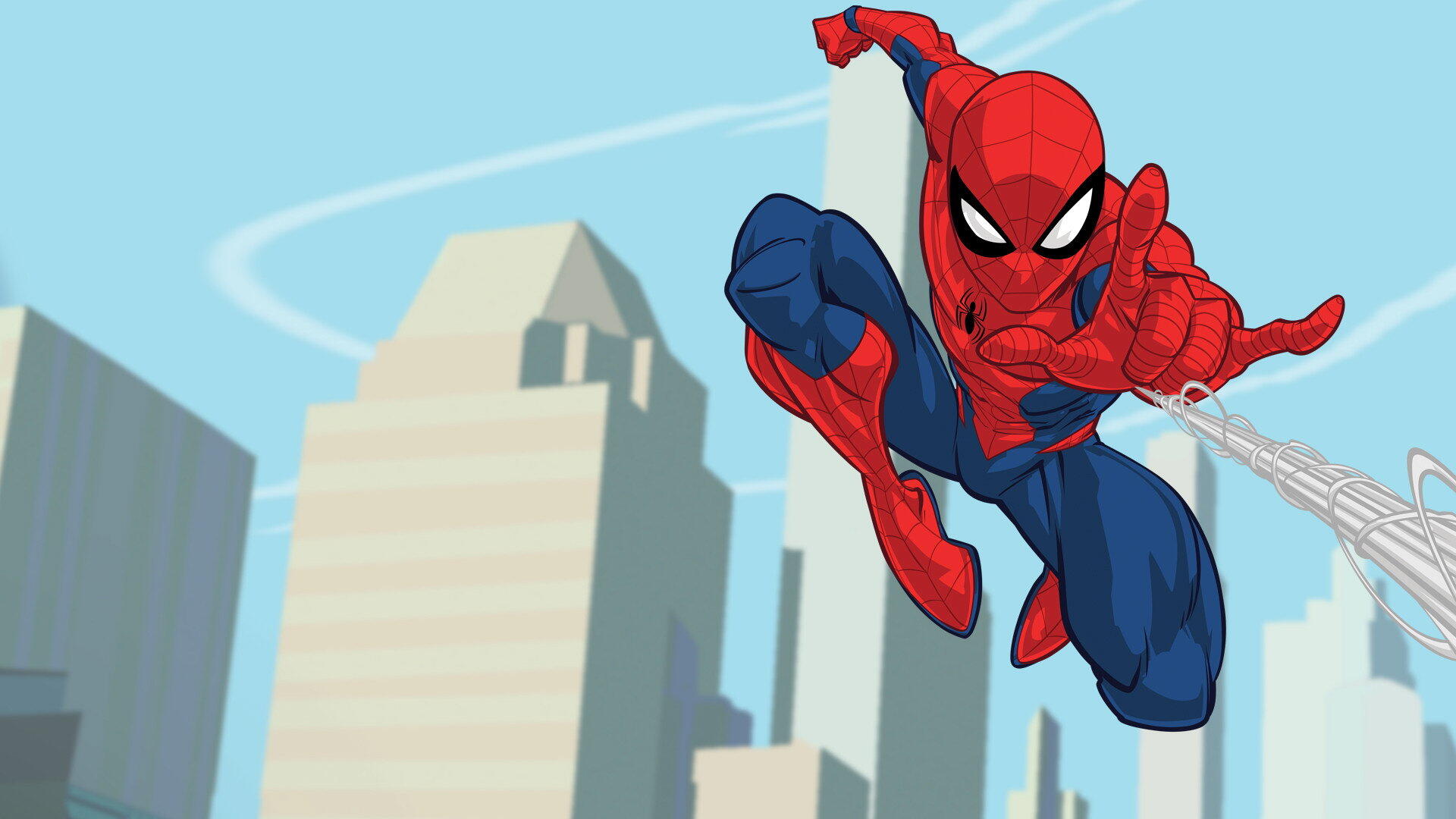 Marvel's Spider-Man in a dynamic mid-air pose firing a web against a stylized city skyline — HD PC desktop wallpaper/background.