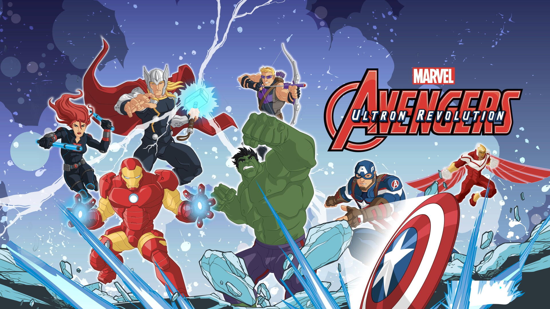 Marvel's Avengers Ultron Revolution 4K Ultra HD PC desktop wallpaper and background: Iron Man, Captain America, Thor, Hulk, Black Widow, Hawkeye and Scarlet Witch clash amid lightning and ice.
