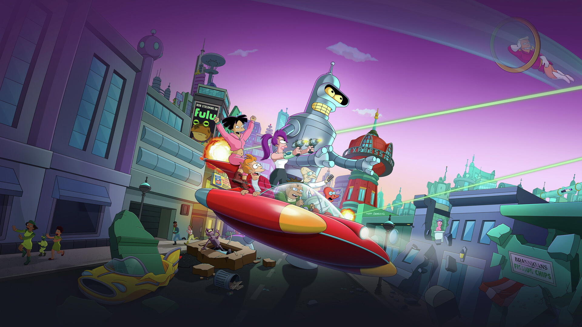 Futurama 4K Ultra HD PC desktop wallpaper and background: Bender, Fry, Leela and crew riding a red rocket over a neon cityscape beneath a purple sky.
