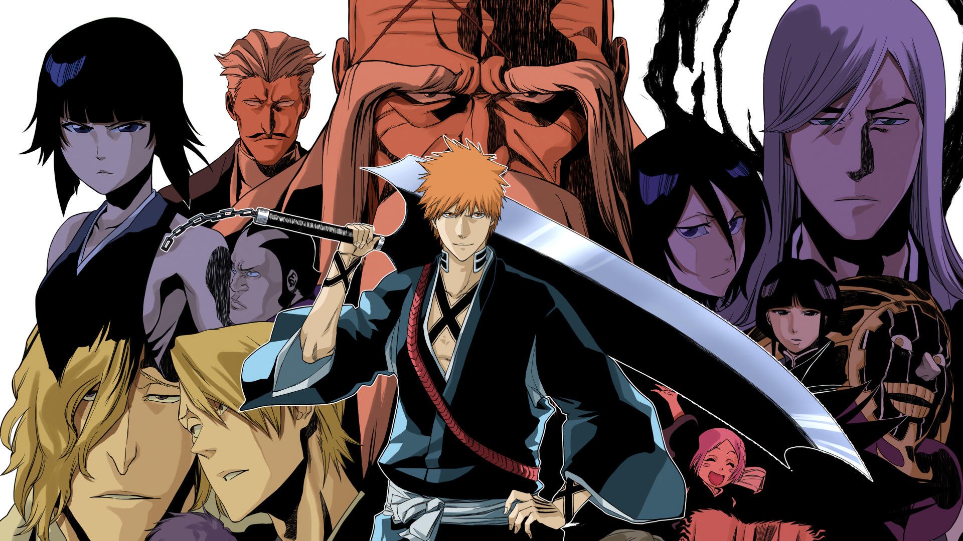 Bleach: Thousand-Year Blood War 4K Ultra HD PC desktop wallpaper — Ichigo Kurosaki with sword centered, surrounded by a dramatic montage of allies and adversaries in bold, high-contrast colors.