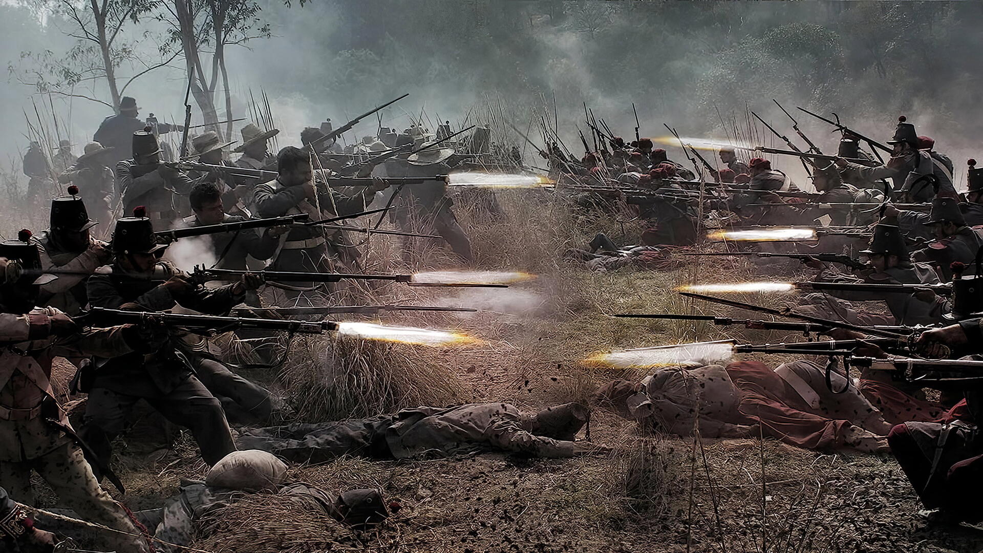 Cinco de Mayo: The Battle - 4K Ultra HD PC desktop wallpaper of 19th-century soldiers firing muskets across a smoky battlefield, bayonets glinting amid muzzle flashes.