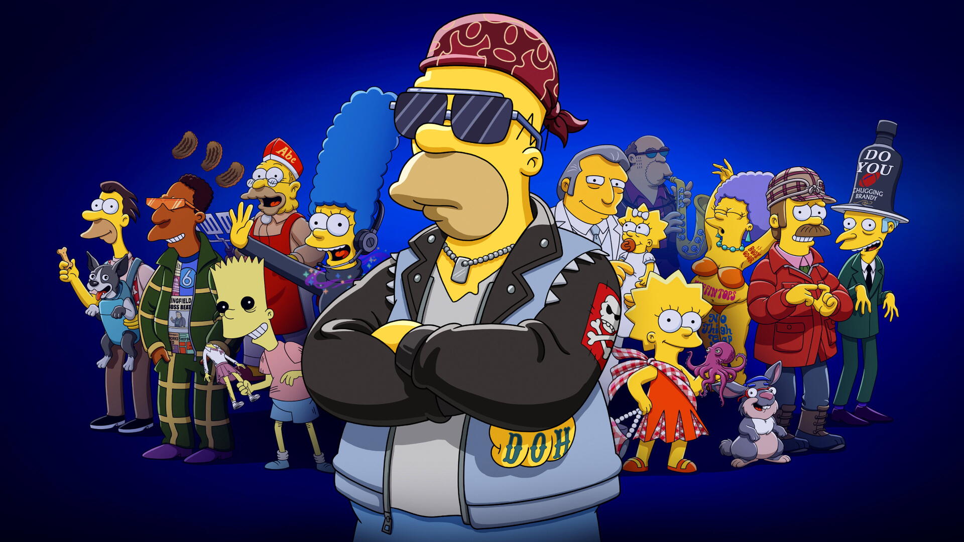 The Simpsons biker-themed group portrait with Homer front and center in a leather jacket and shades, vibrant characters on a deep blue backdrop — 4K Ultra HD PC desktop wallpaper/background.