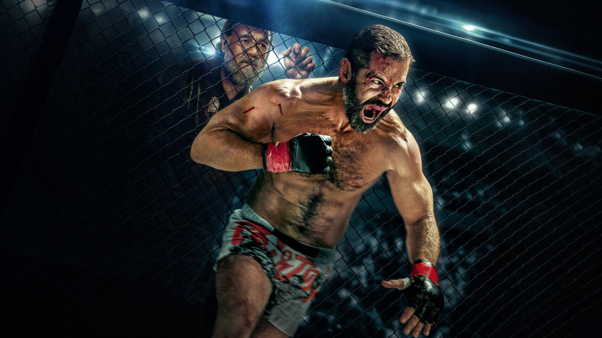 4K Ultra HD PC desktop wallpaper/background of a roaring MMA beast in a caged fight, muscles glistening under bright arena lights.
