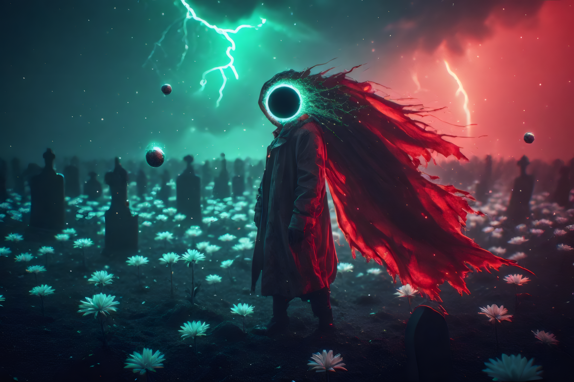 Dark Fantasy 2K Quad HD PC desktop wallpaper: cloaked figure with a glowing void for a head and tattered red cape stands in a field of pale flowers and monoliths beneath green and red lightning.
