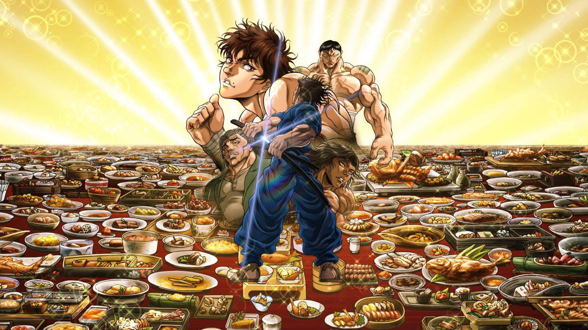 HD PC desktop wallpaper of Baki Hanma (anime): Baki and fellow fighters stand amid a sea of bento and dishes, bathed in dramatic golden rays.