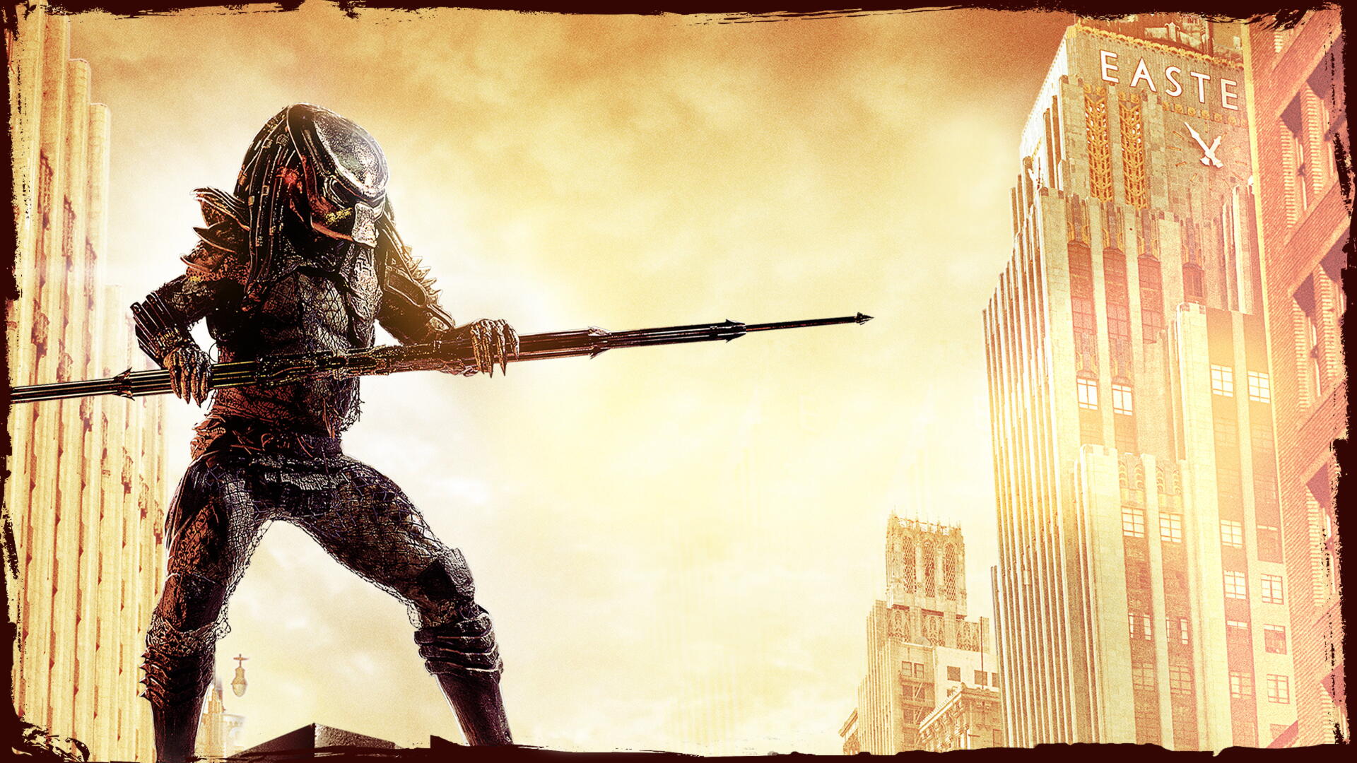 Predator 2 warrior on a rooftop clutching a spear against a sunlit city skyline — 4K Ultra HD PC Desktop Wallpaper and Background.