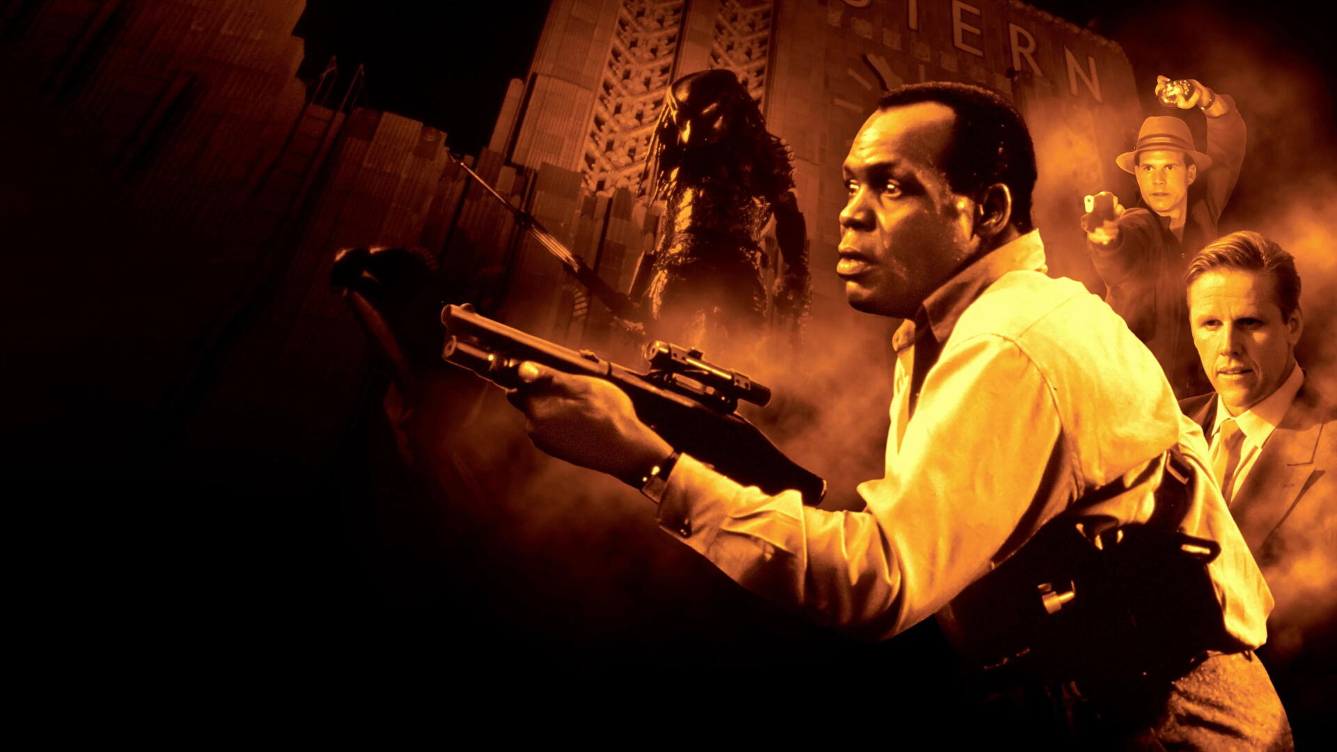 Predator 2 4K Ultra HD PC desktop wallpaper: tense city scene with a man aiming a rifle, Predator silhouette looming behind him and shadowy figures in warm orange tones.